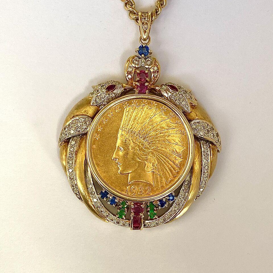 Contemporary Coin Necklace 10 Dollars With Diamonds & Gemstones 18K Yellow Gold 62.45G For Sale