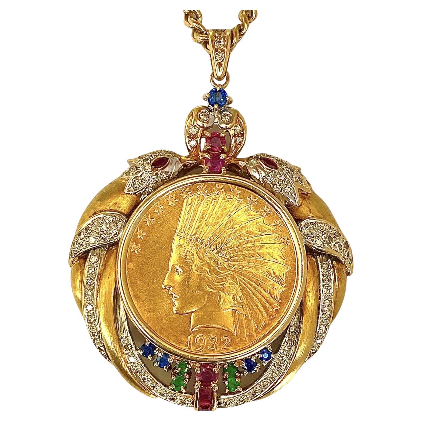 Coin Necklace 10 Dollars With Diamonds & Gemstones 18K Yellow Gold 62.45G For Sale