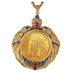 Used Coin Necklace 10 Dollars With Diamonds & Gemstones 18K Yellow Gold 62.45G