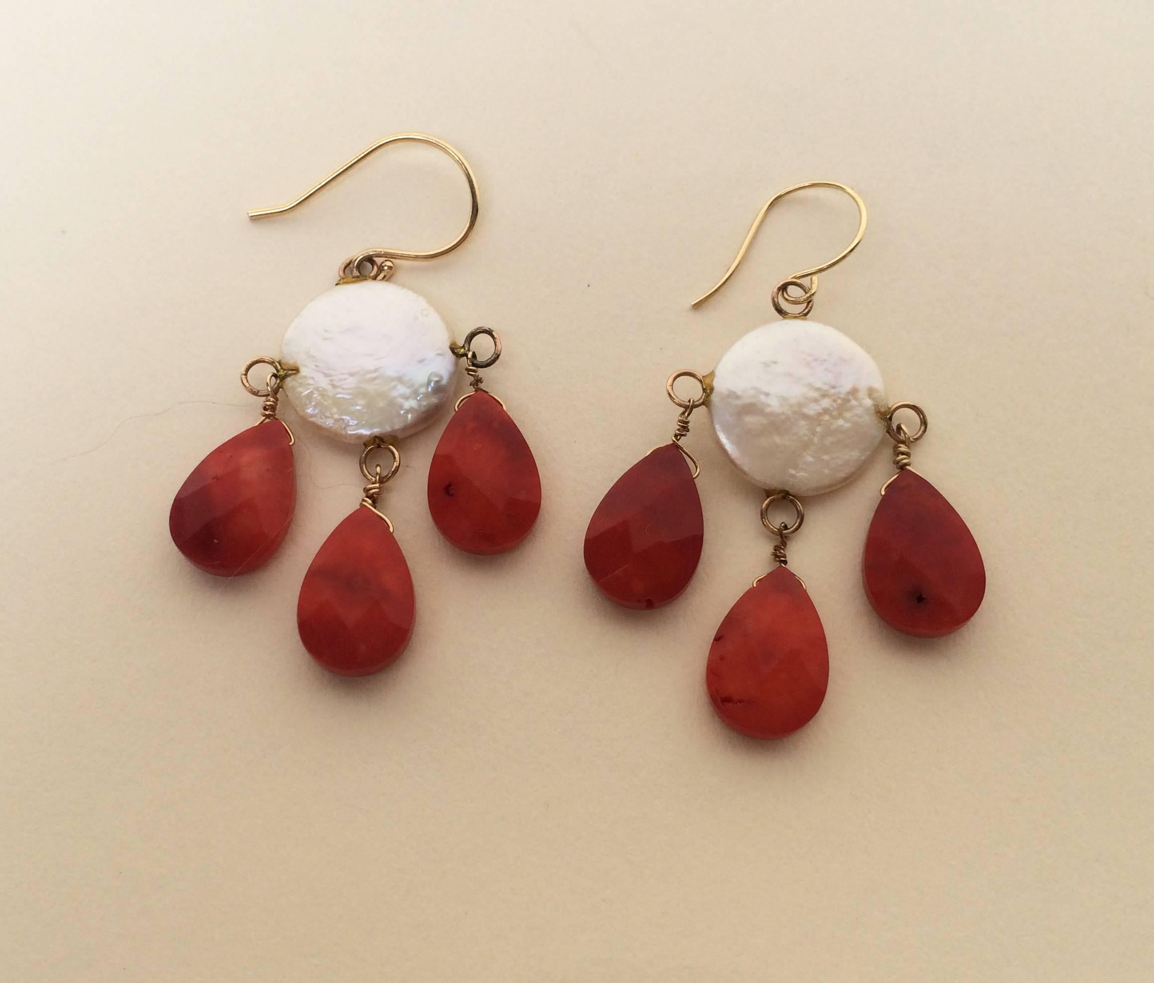 Artist Coin Pearl and Coral Drop Earrings by Marina J. For Sale