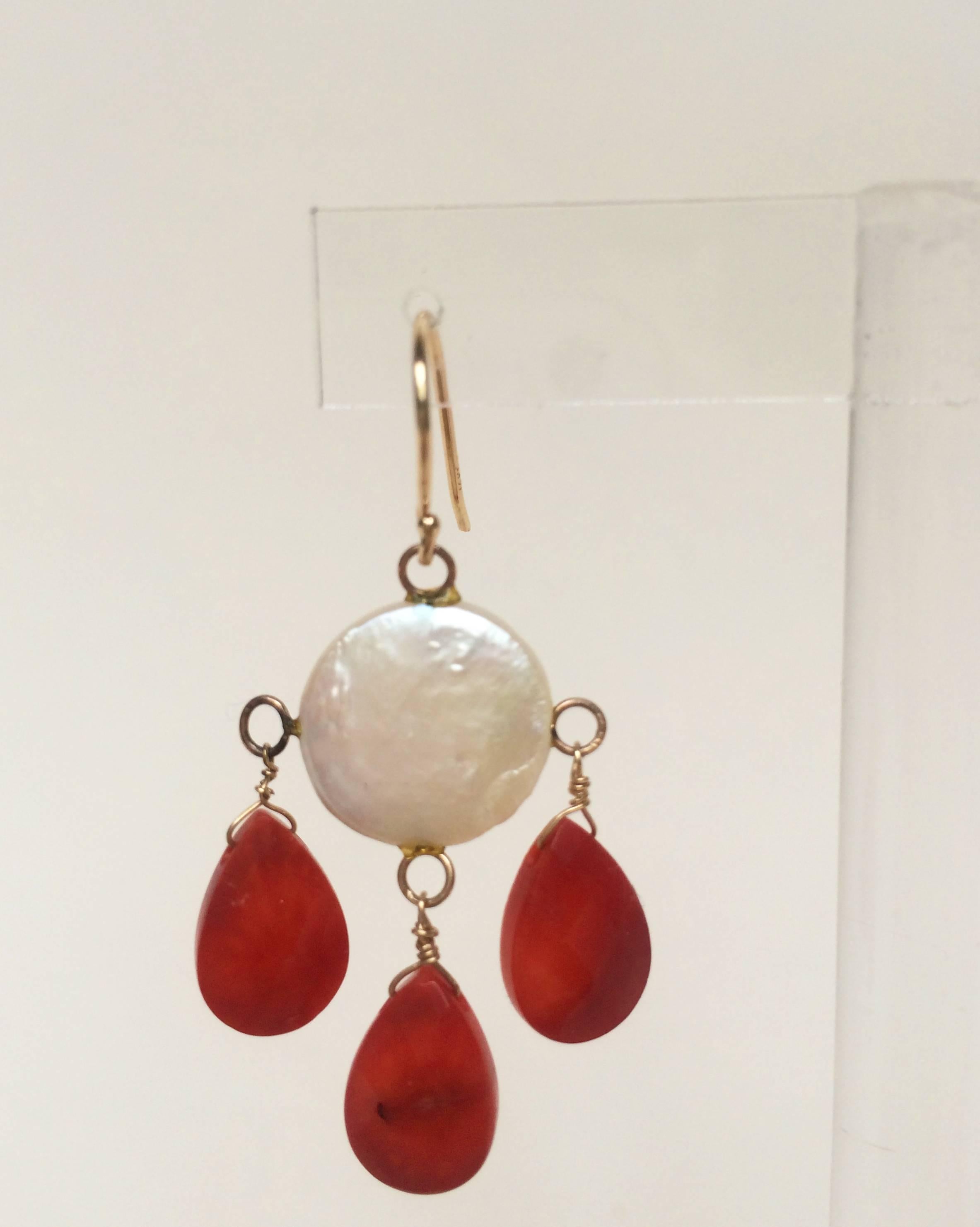 Bead Coin Pearl and Coral Drop Earrings by Marina J. For Sale