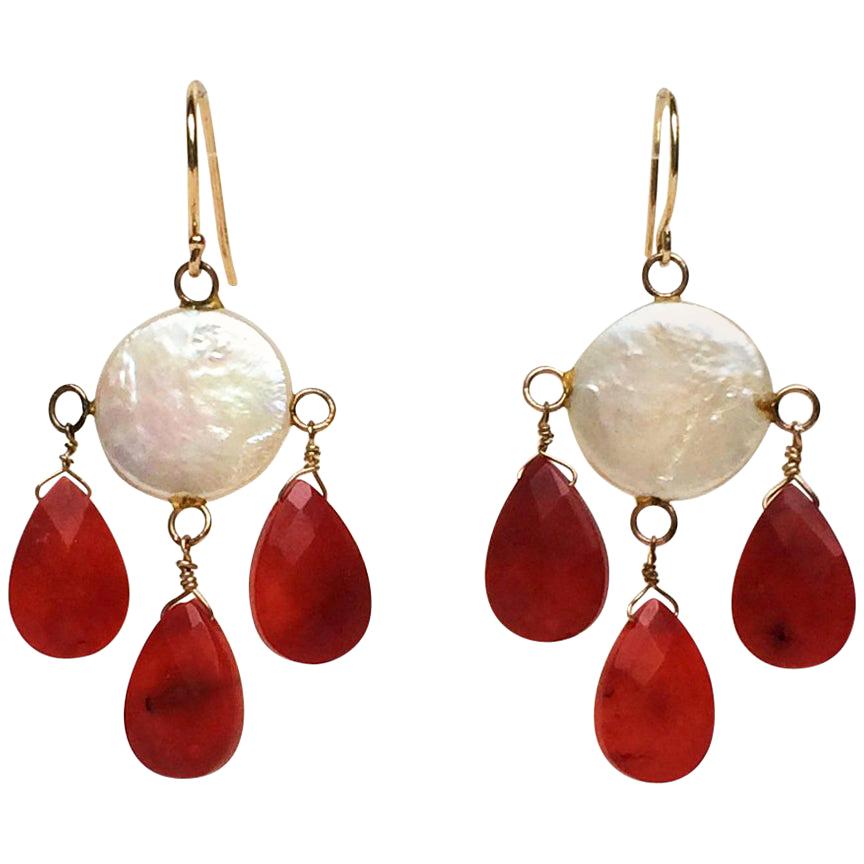 Coin Pearl and Coral Drop Earrings by Marina J. For Sale