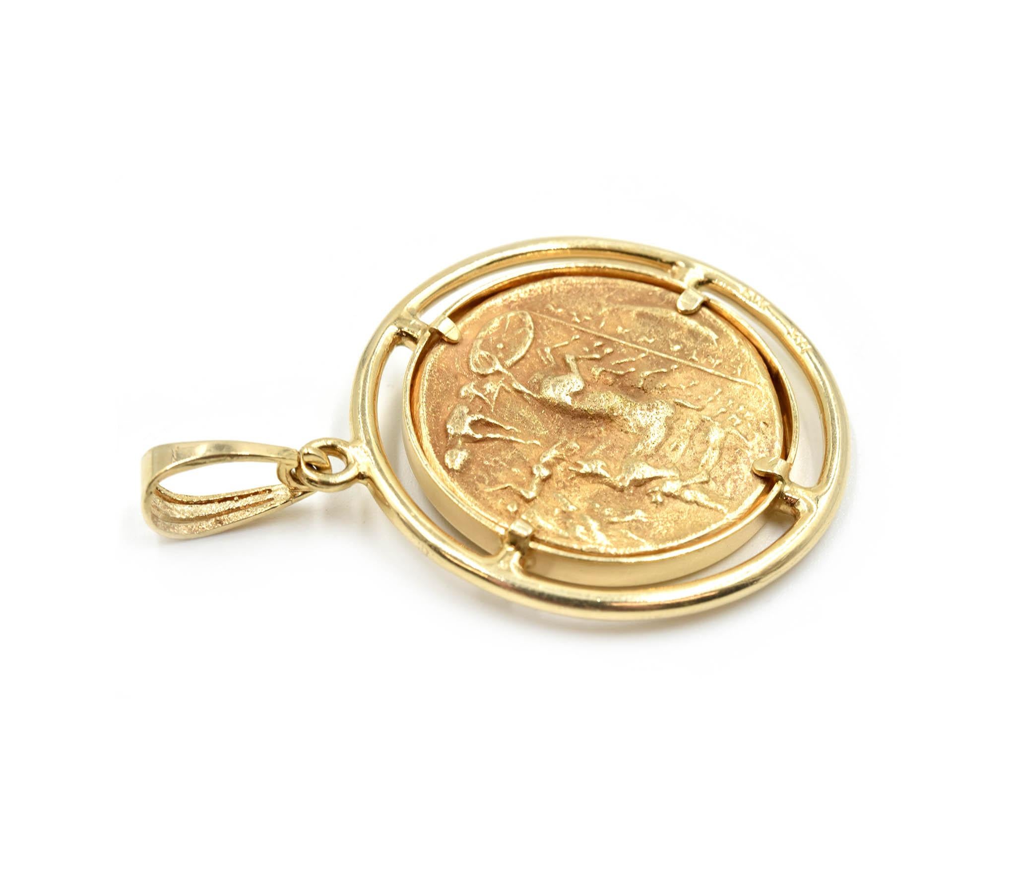 Designer: custom design
Material: 14k yellow gold
Dimensions: coin pendant measures 34.10mm in diameter
Weight: 23.17 grams
