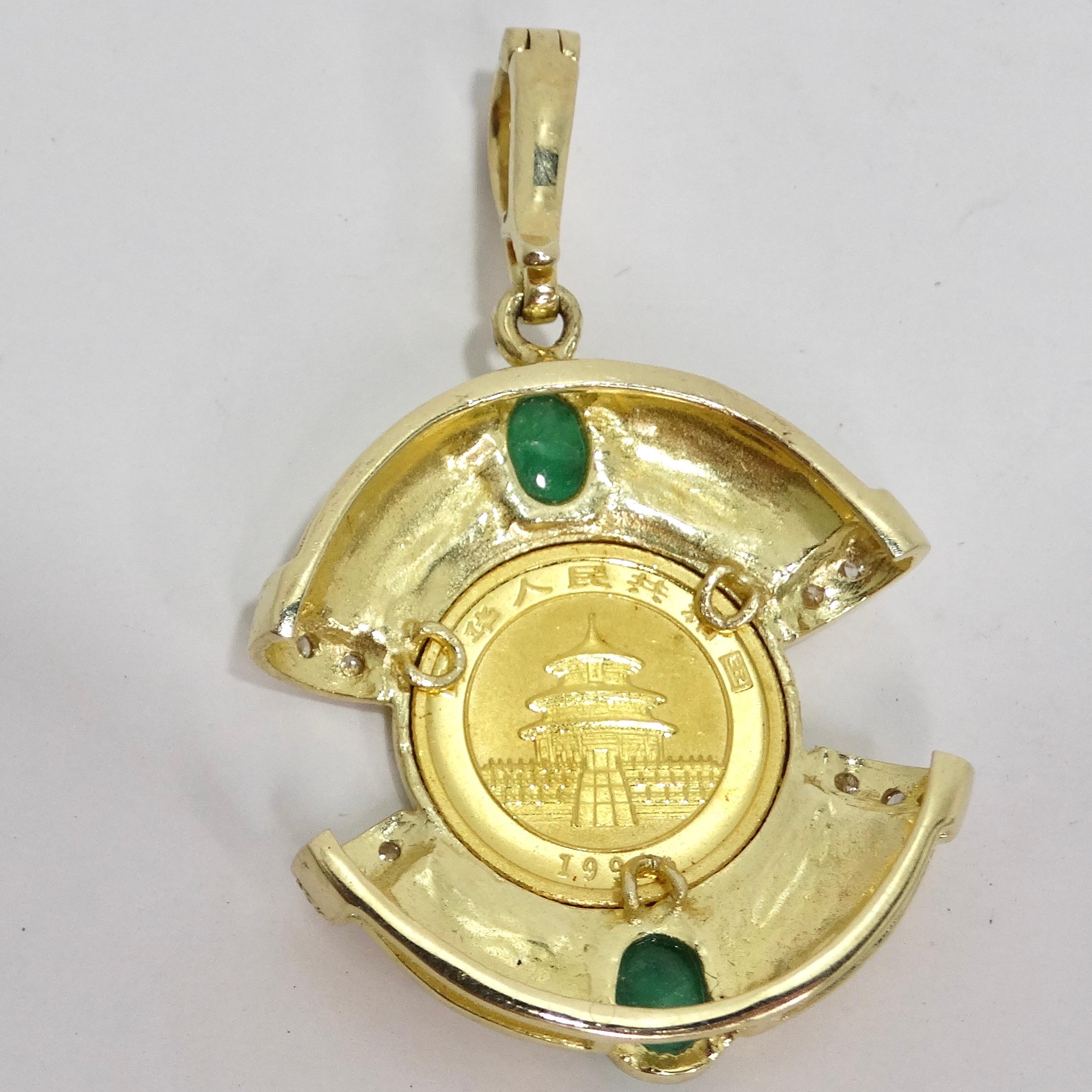 Cabochon Vintage 24K Coin Pendent Cabachon Emerald & Diamonds For Sale