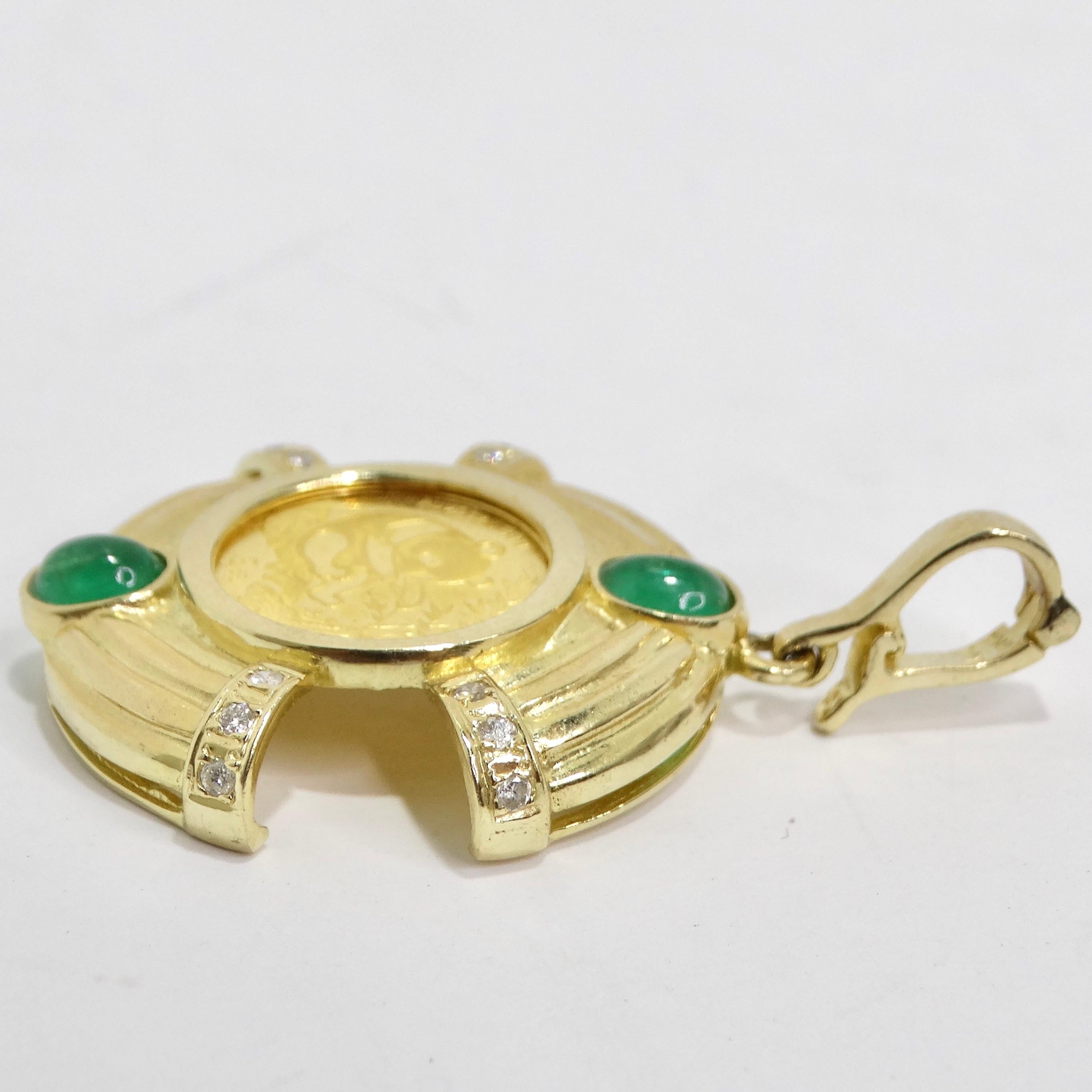Vintage 24K Coin Pendent Cabachon Emerald & Diamonds In Good Condition For Sale In Scottsdale, AZ