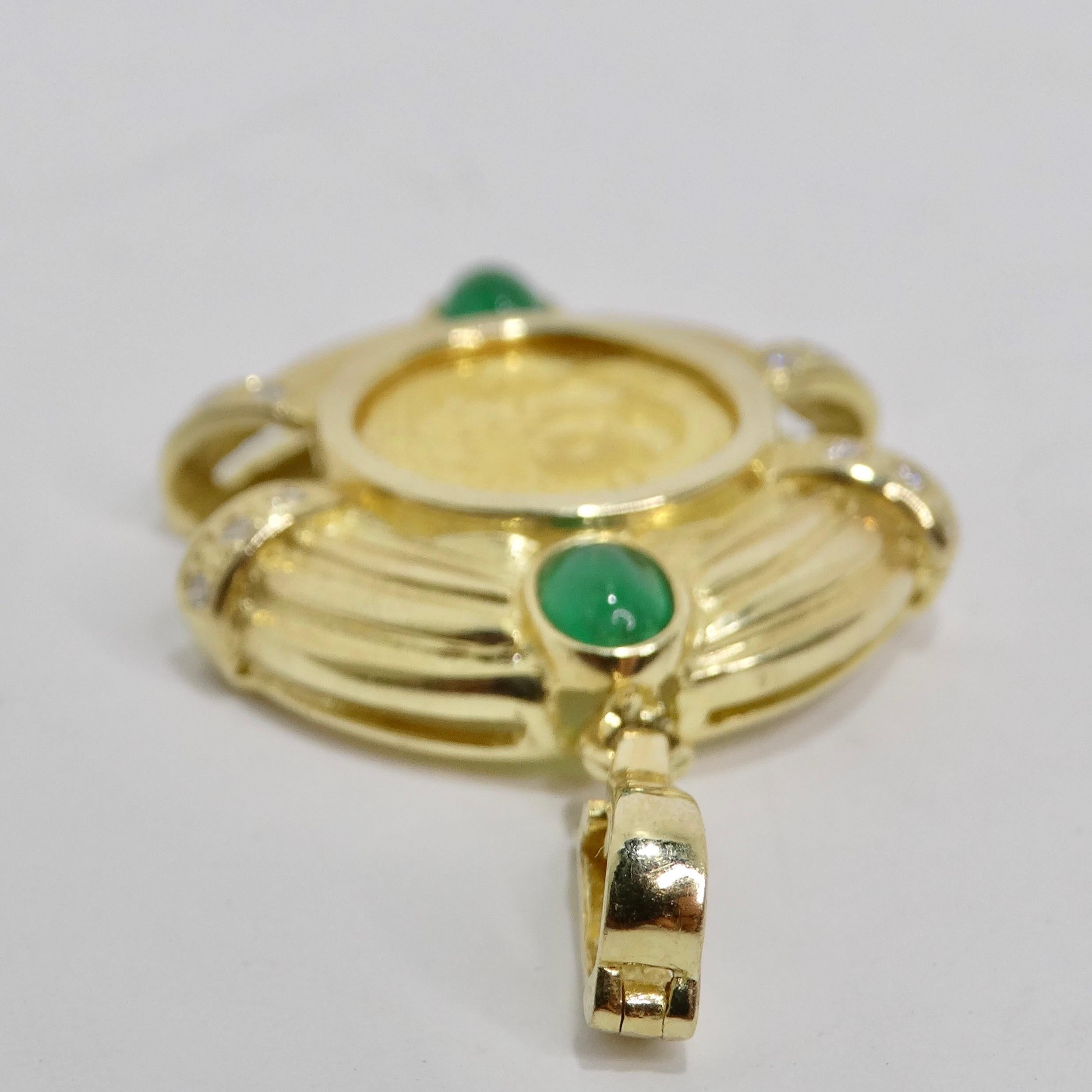 Women's or Men's Vintage 24K Coin Pendent Cabachon Emerald & Diamonds For Sale