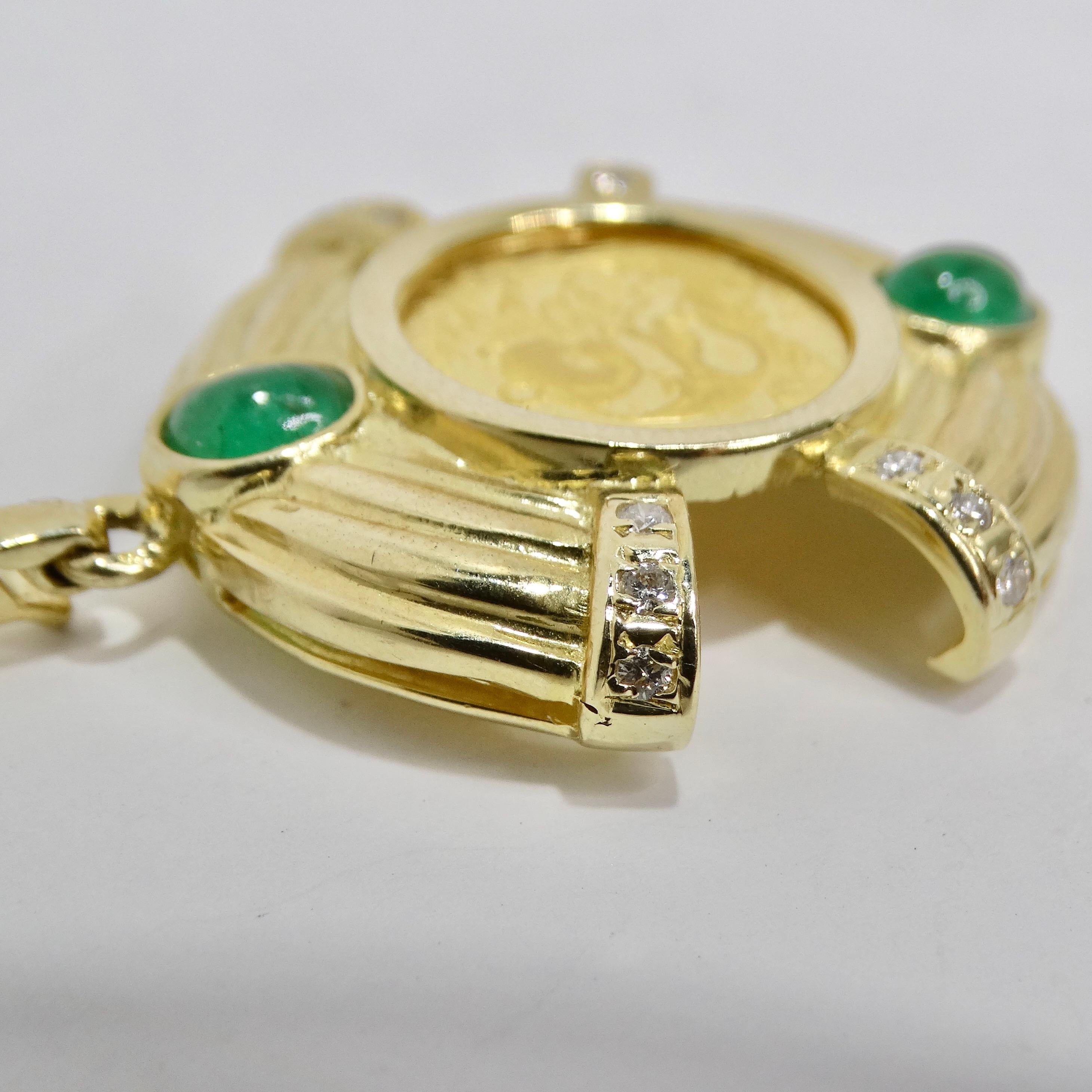 Vintage 24K Coin Pendent Cabachon Emerald & Diamonds For Sale 3