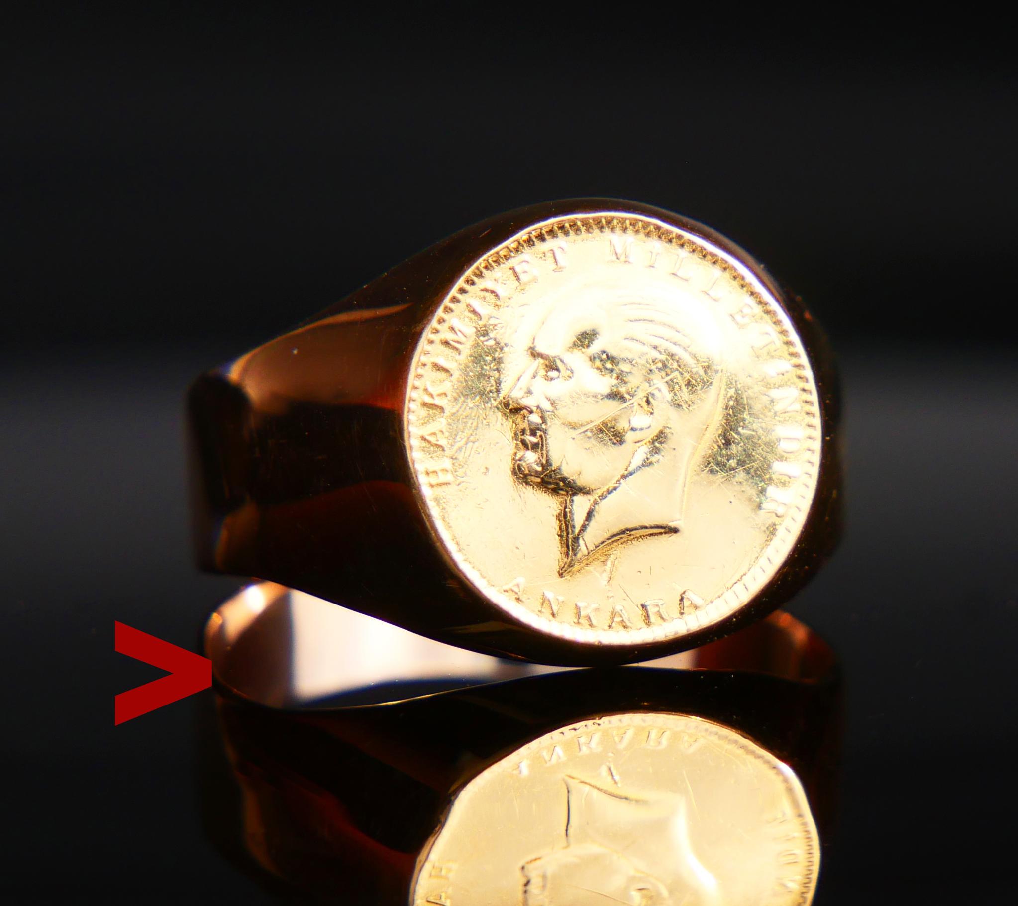 A ring with Turkish Coin.

Solid 14k Rose Gold wide band featuring bezel set genuine Turkish solid Ø14mm 22K Yellow Gold 25 Kurush coin. Reverse side is closed and that's is not possible to say when exactly it was minted.

The face of the coin bears