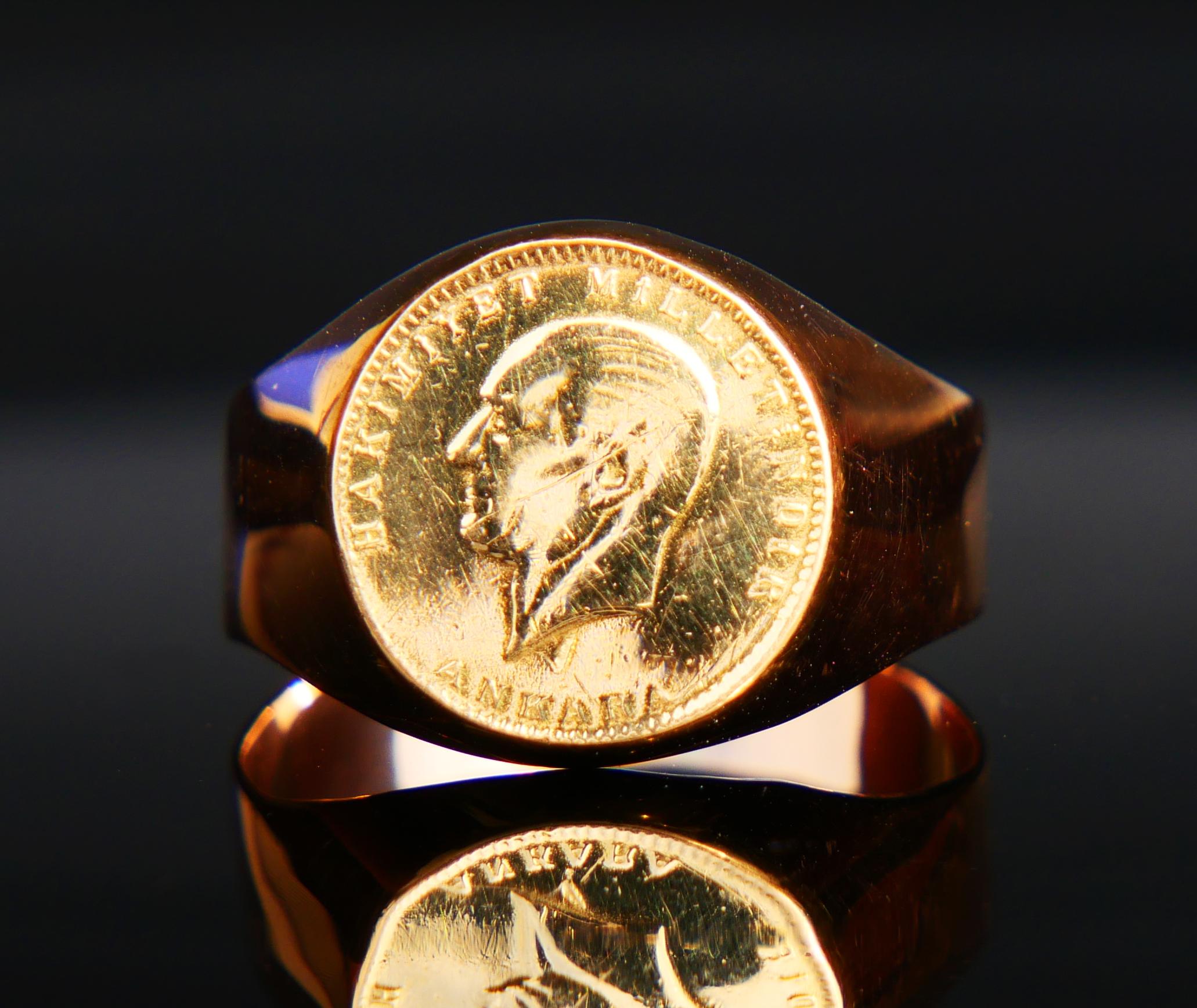 Art Nouveau Coin Ring Men's Unisex solid 22k 25 Turkish Kurush & 14k Rose Gold ØUS10 / 6.7gr For Sale