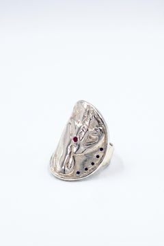 Bague-pièce en argent avec rubis et saphir bleu – Bijou de soirée original pour femme