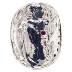 Bague-pièce en argent avec rubis et saphir bleu – Bijou de soirée original pour femme