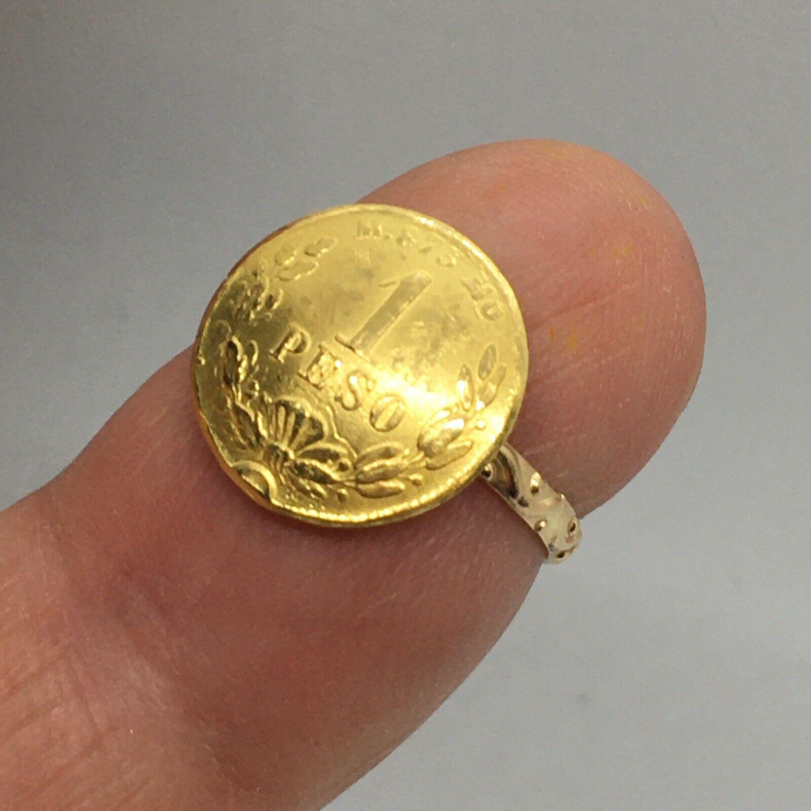 Bague à monnaie vintage sculptée en or jaune 14 carats et or 22 carats, testée en vente 1