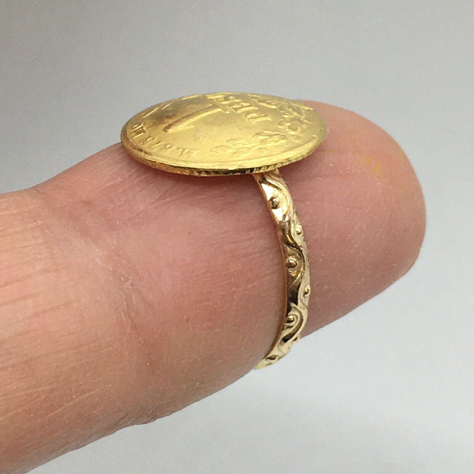 Coin Ring Tested 22K Gold 14k Yellow Gold Band Carving Vintage In Good Condition For Sale In Santa Monica, CA