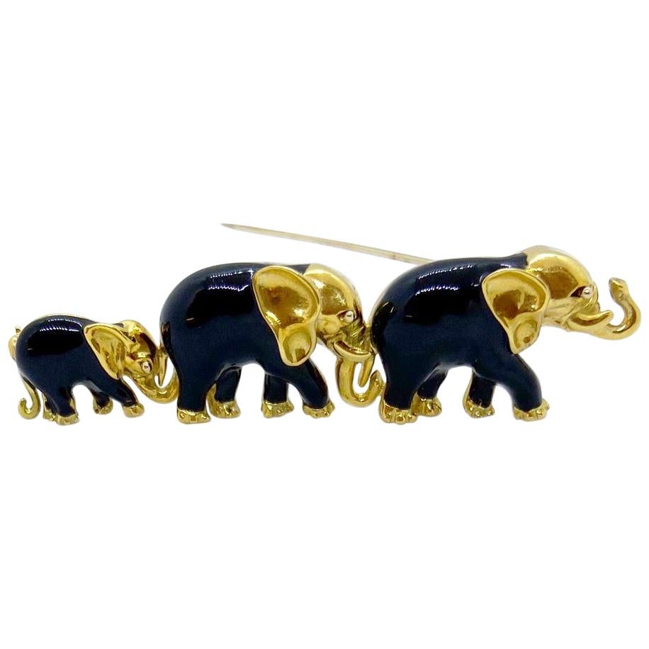 Coin Roberto 18 Karat Yellow Gold and Black Enamel 3 Elephants Brooch