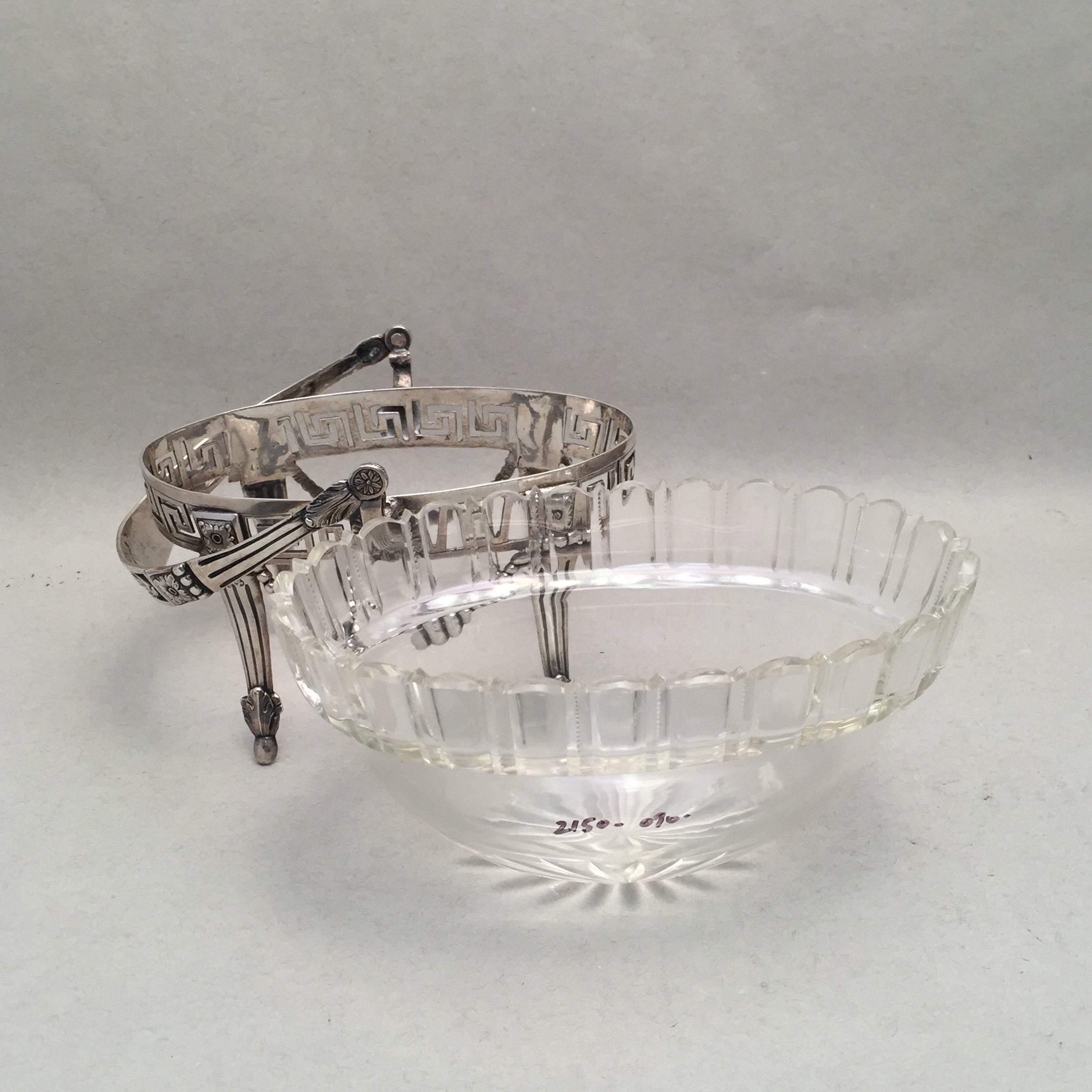 19th Century Coin Silver and Glass Bridal Basket Centerpiece Bowl For Sale