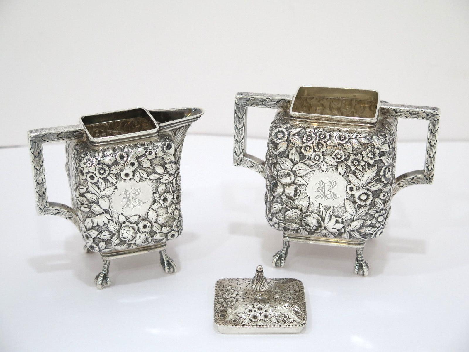 Repoussé Coin Silver Antique American Floral Repousse Mini Sugar Bowl, Creamer & Tray Set For Sale