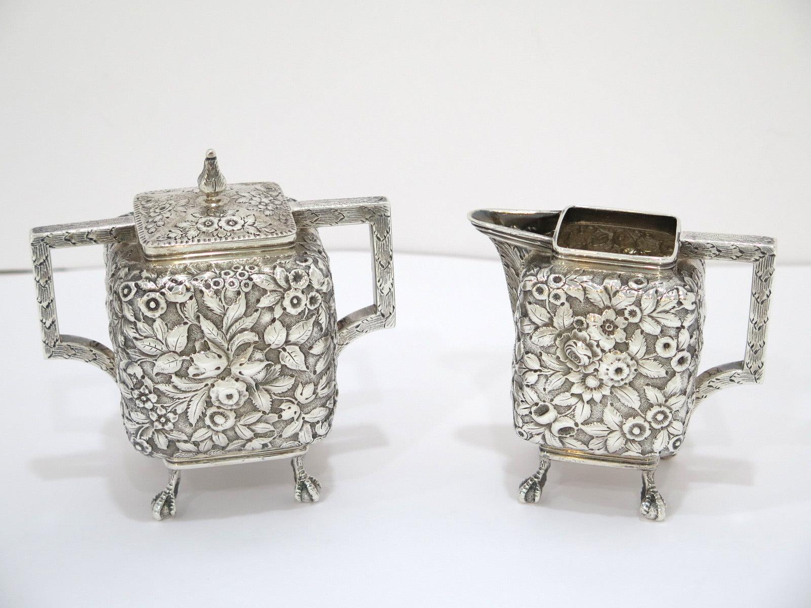 Coin Silver Antique American Floral Repousse Mini Sugar Bowl, Creamer & Tray Set In Good Condition For Sale In Brooklyn, NY