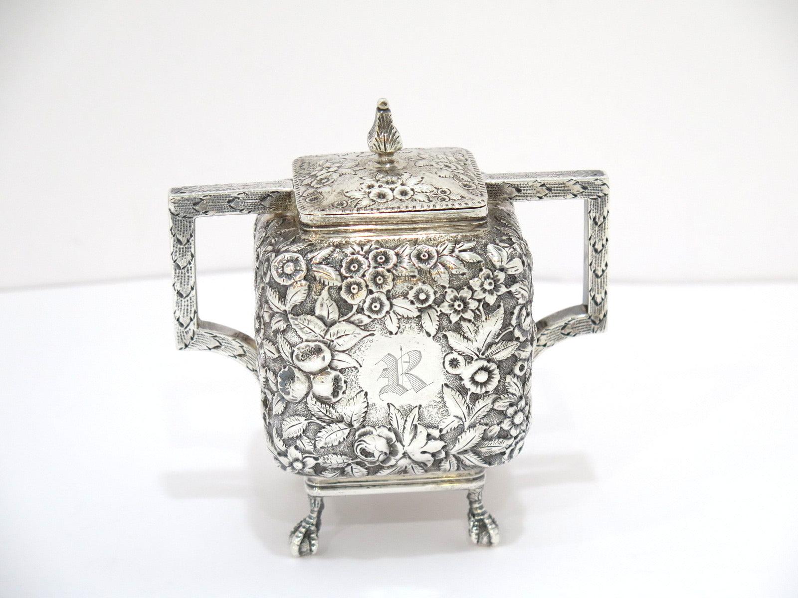 19th Century Coin Silver Antique American Floral Repousse Mini Sugar Bowl, Creamer & Tray Set For Sale