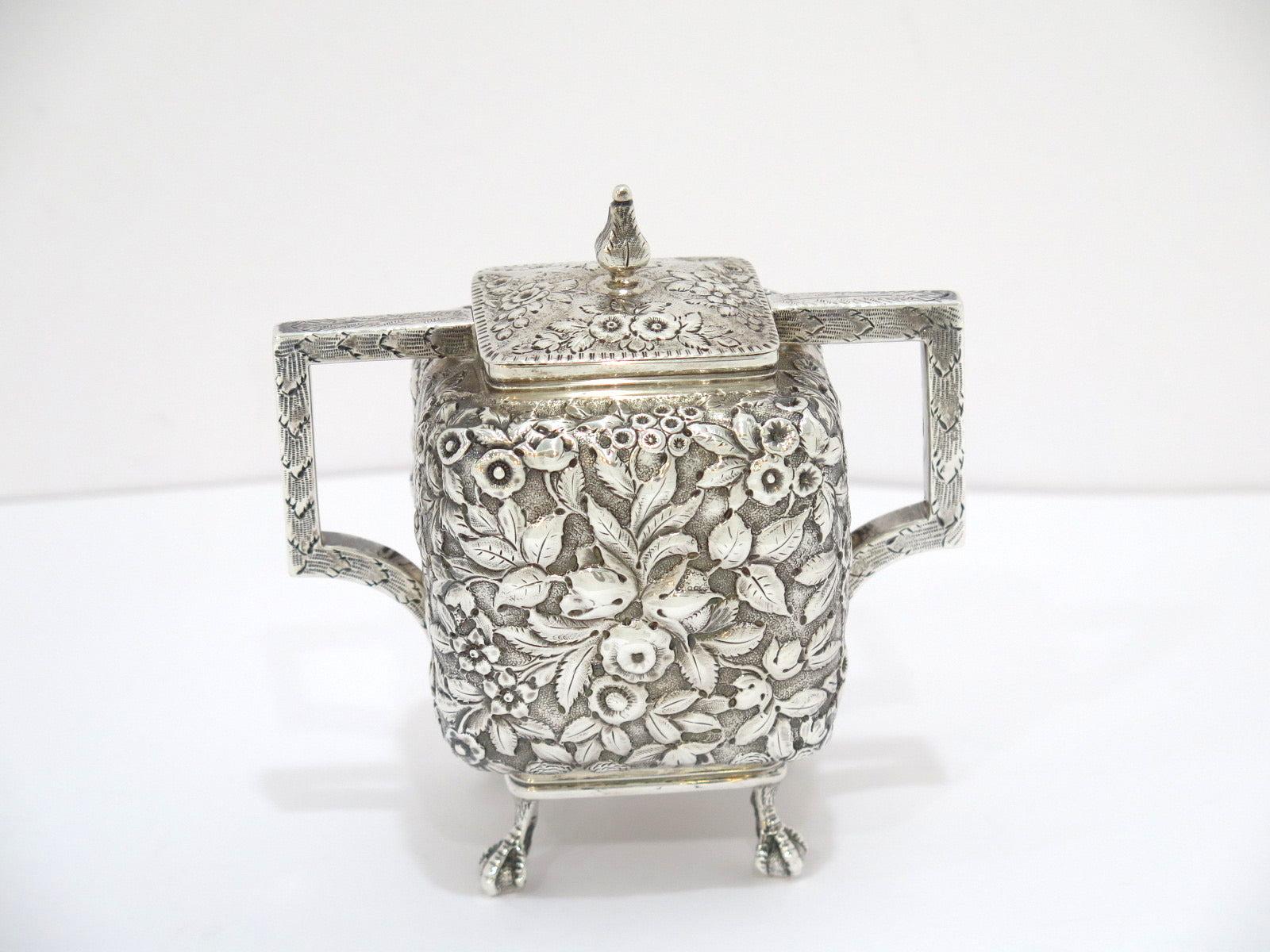 Coin Silver Antique American Floral Repousse Mini Sugar Bowl, Creamer & Tray Set For Sale 1