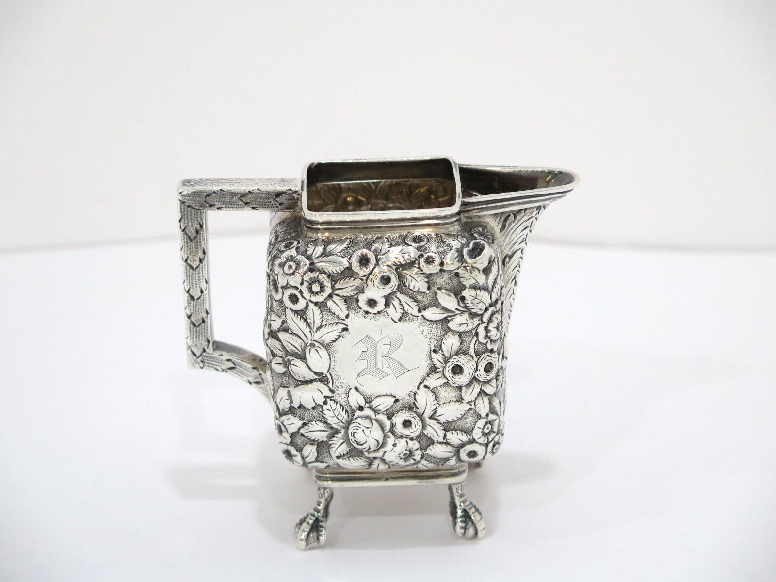 Coin Silver Antique American Floral Repousse Mini Sugar Bowl, Creamer & Tray Set For Sale 2