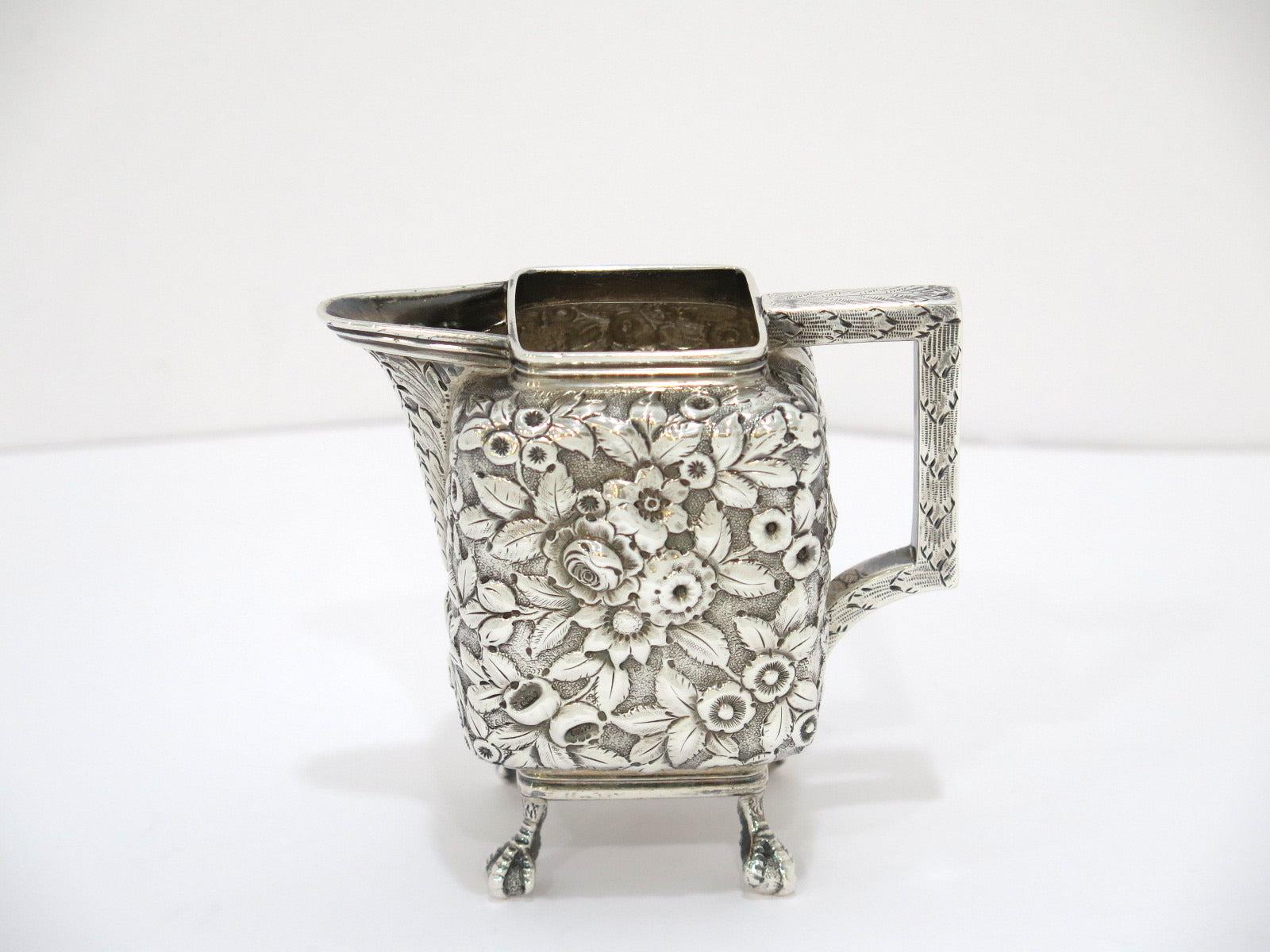 Coin Silver Antique American Floral Repousse Mini Sugar Bowl, Creamer & Tray Set For Sale 3
