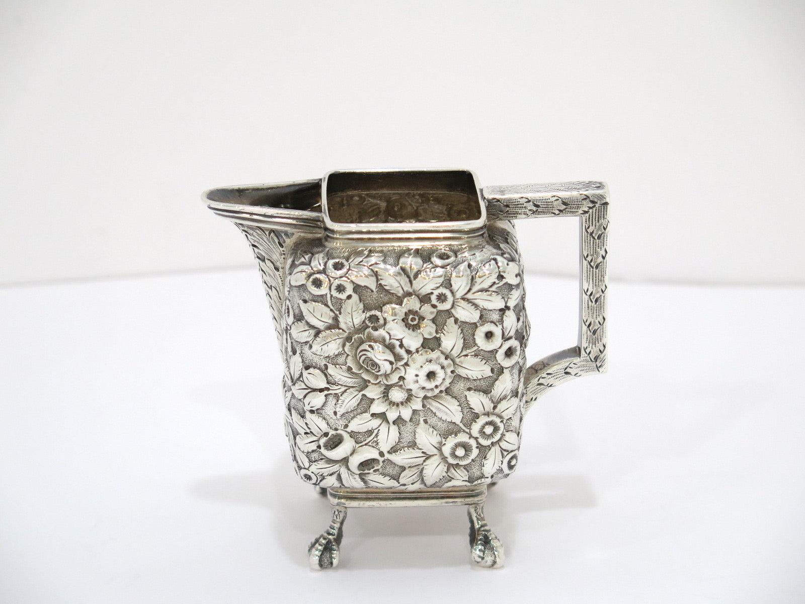 Coin Silver Antique Bailey Floral Repousse Sugar Bowl, Creamer & Kirk Tray Set For Sale 2