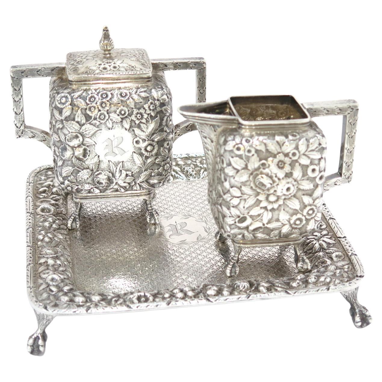 Coin Silver Antique American Floral Repousse Mini Sugar Bowl, Creamer & Tray Set For Sale