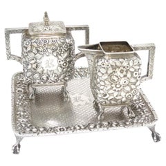 Coin Silver Antique Bailey Floral Repousse Sugar Bowl, Creamer & Kirk Tray Set
