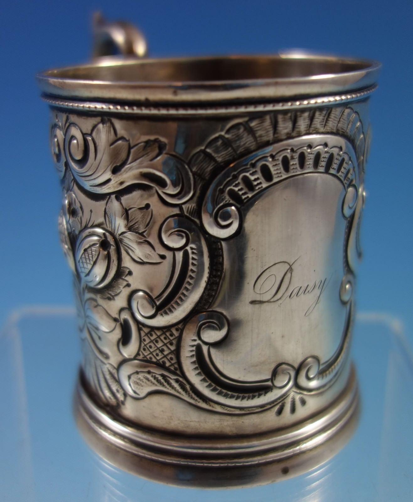 Coin Silver Baby Cup with Repoussed Fruit and Scrollwork In Good Condition In Big Bend, WI