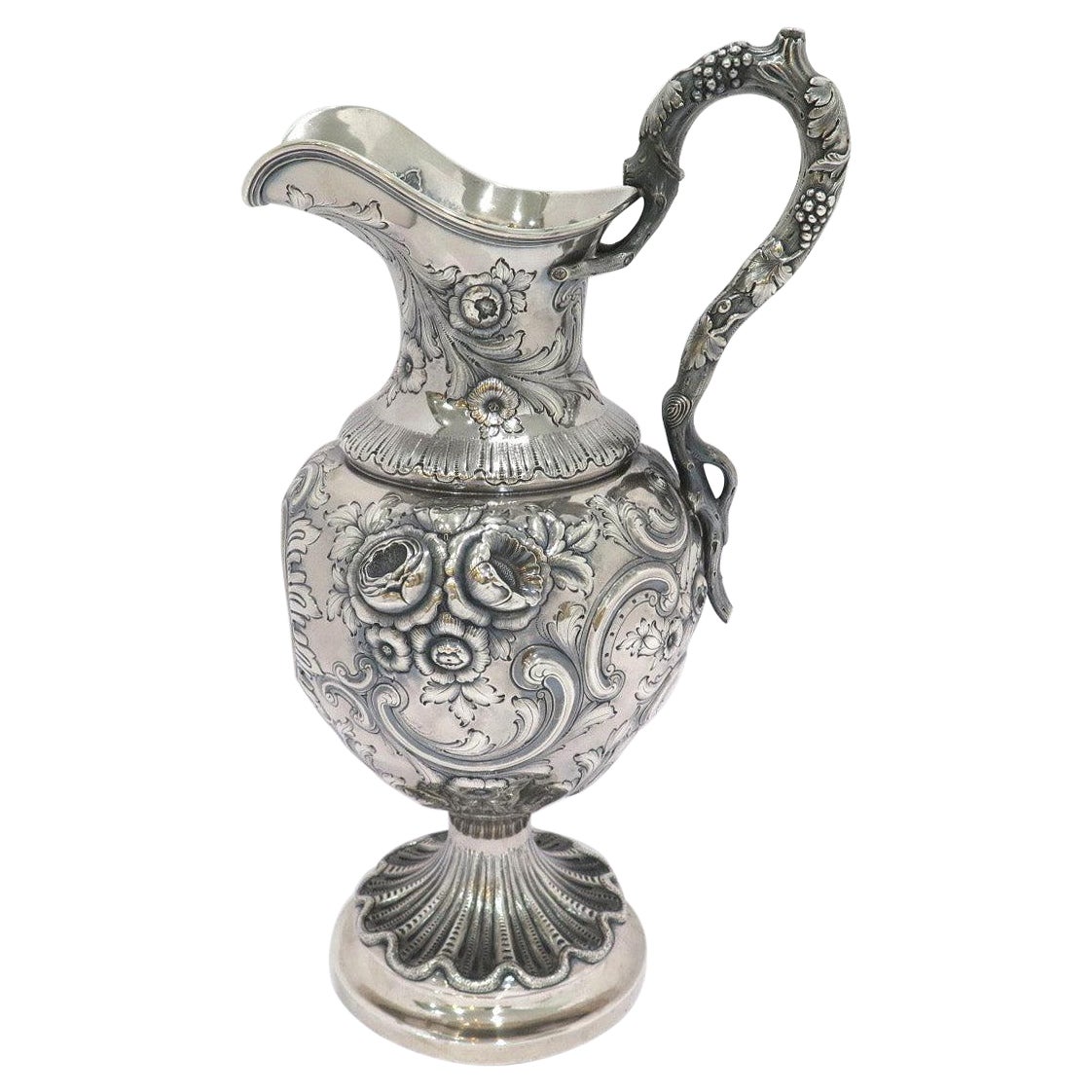 Coin Silver Bailey Antique c. 1840 Floral Repousse Grapevine Handle Pitcher For Sale