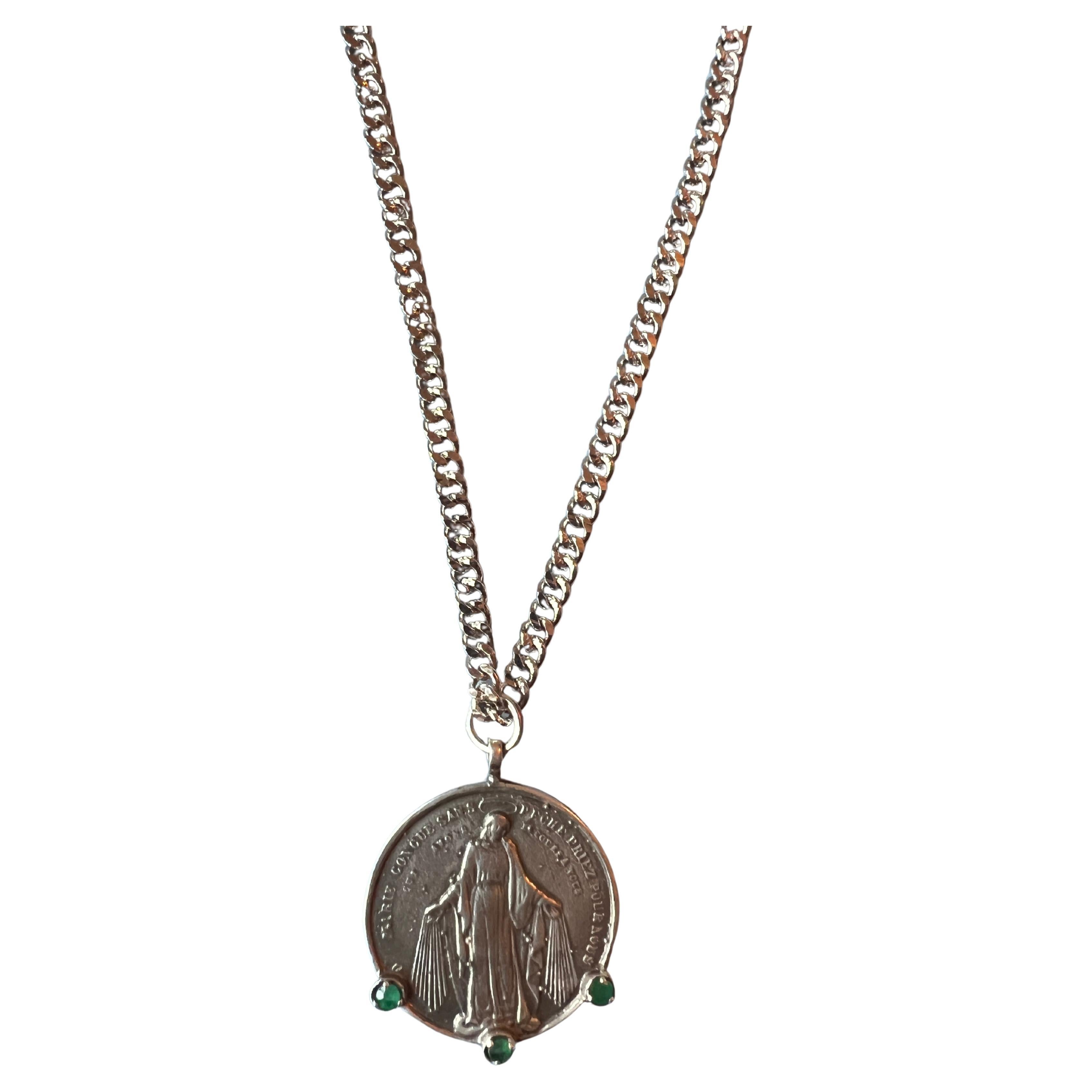 Victorian Coin Silver Medal Chain Necklace Emerald Virgin Mary Platinum