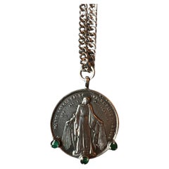 Coin Silver Medal Chain Necklace Emerald Virgin Mary Platinum