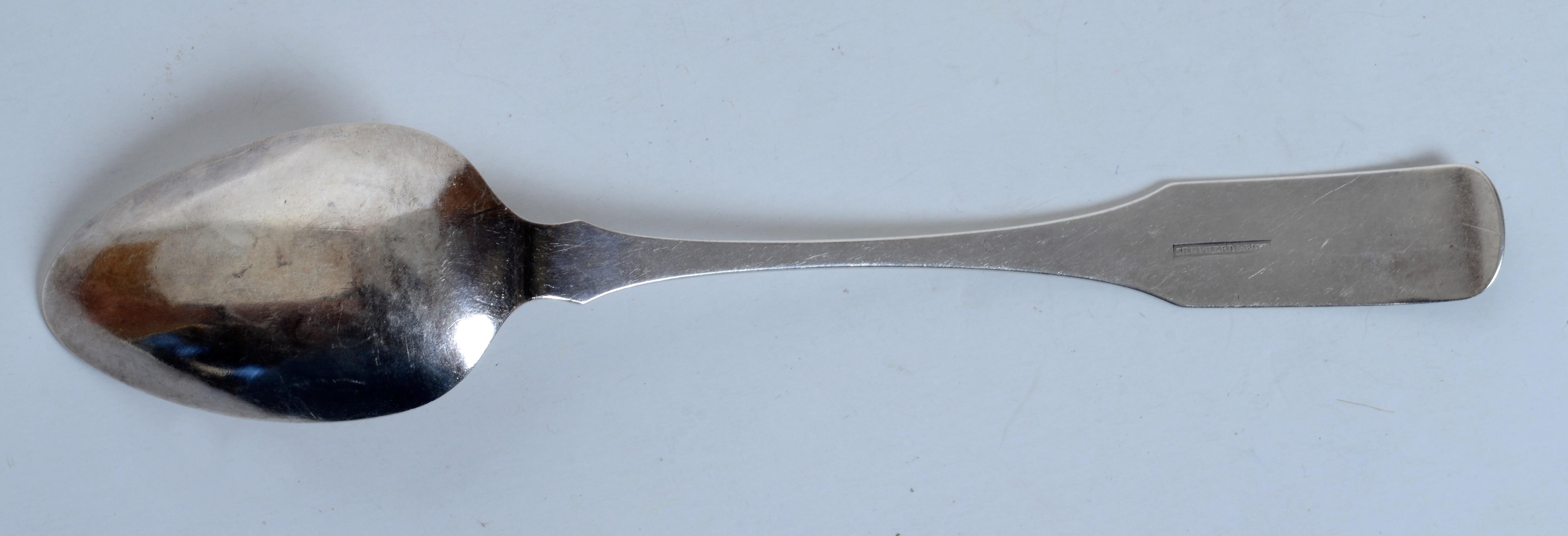 Coin Silver Serving Spoon by Shepherd & Boyd, Abany, NY in the Fiddle Pattern. Shepherd and Boyd were American silversmiths, the partnership was between Robert Shepherd (1781 – March 6, 1853) and William Boyd (September 14, 1774 – April 24, 1840),