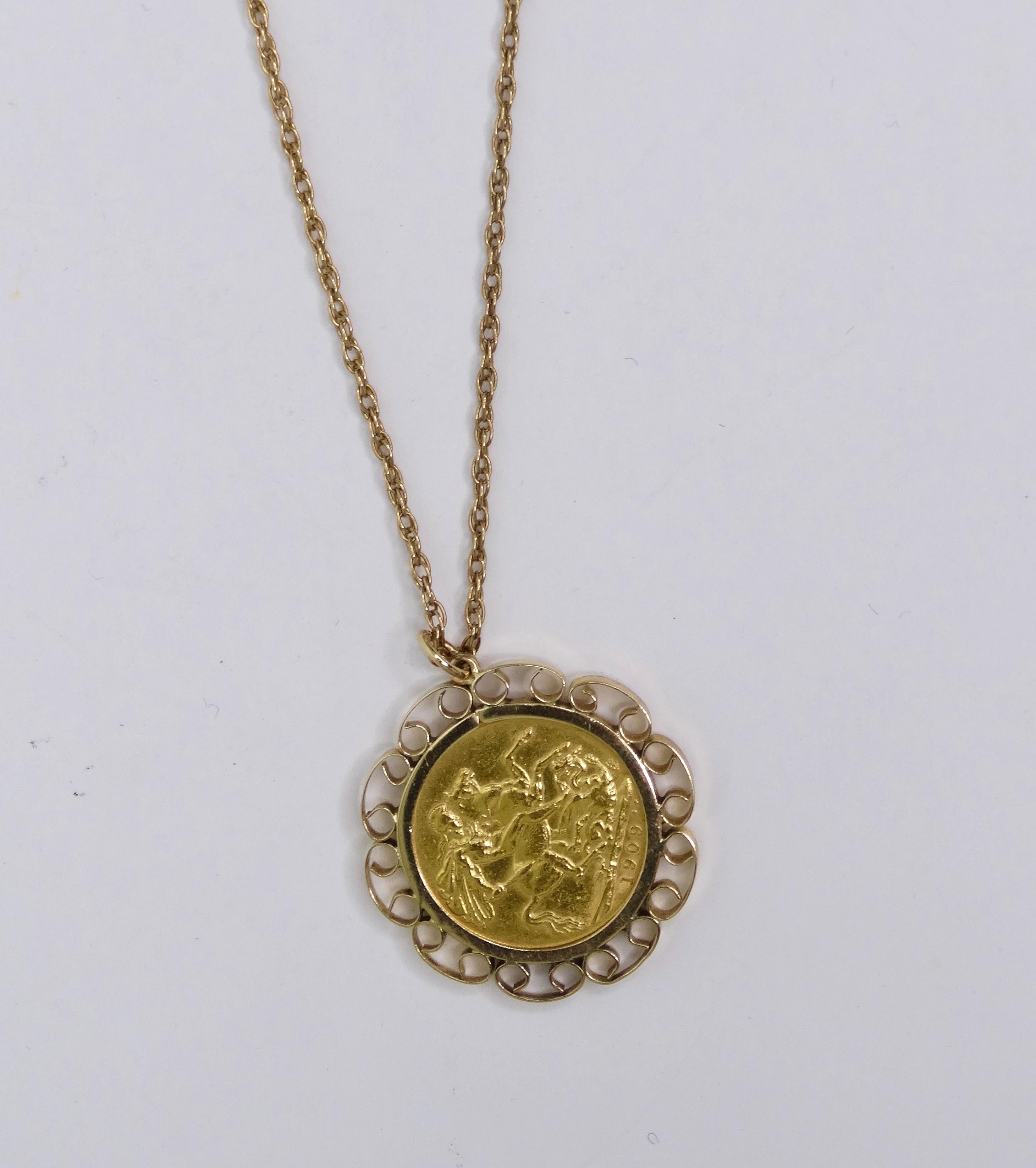 Coin Solid Gold King Edward Vll Necklace For Sale 1