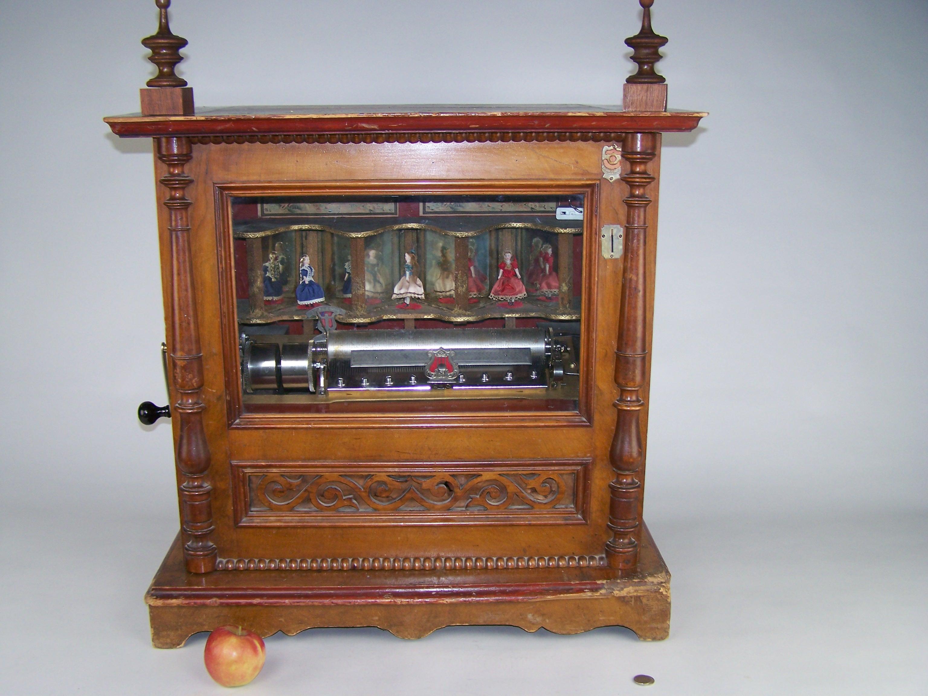Late Victorian Coin-up Musical Station Box with 3 dancing dolls