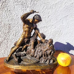 Coinchon, Alexander And The Lion Of Bazaar, Signed Bronze, 19th Century