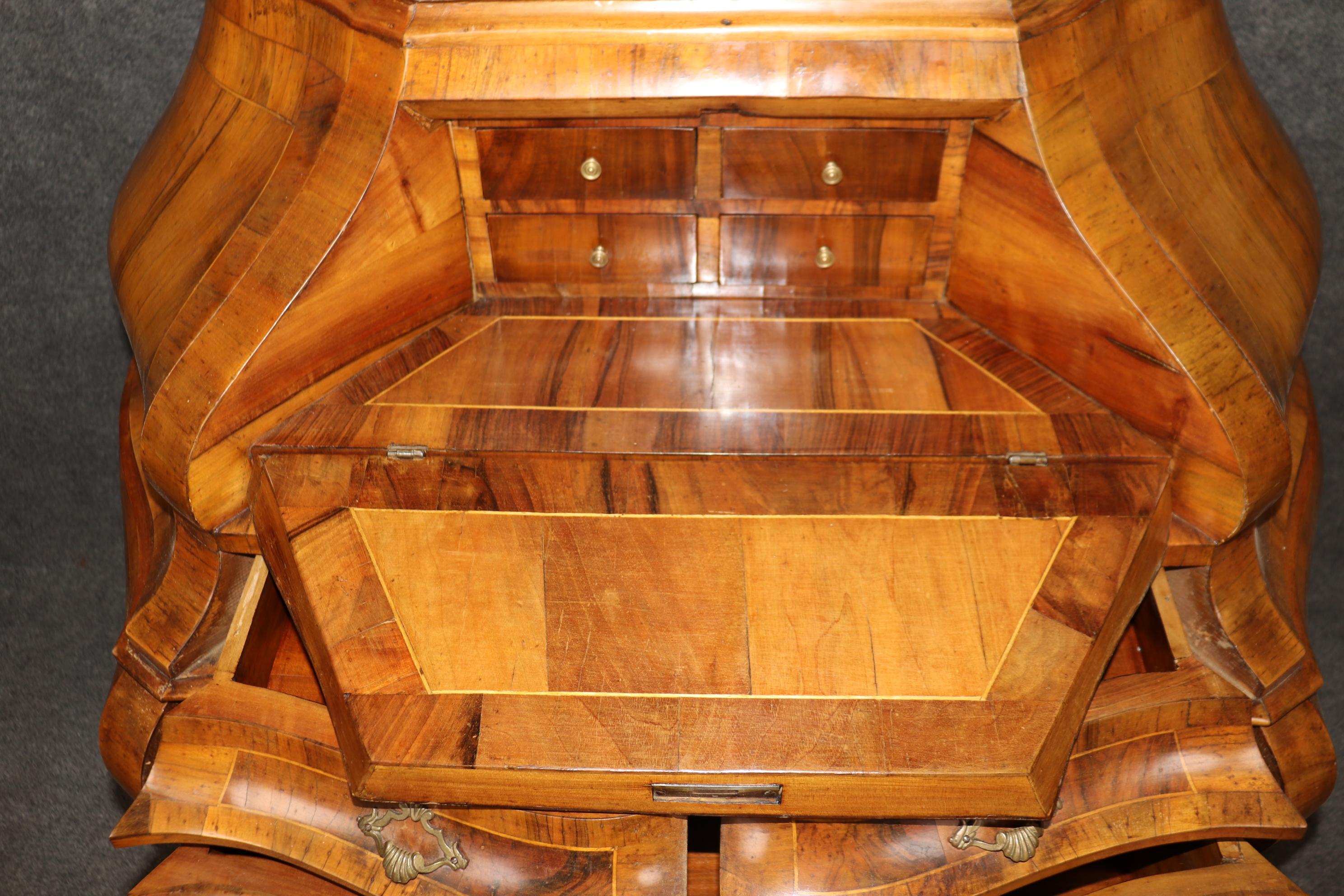 Rococo Revival Coke Bottle Form Italian Rococo Olivewood Secretary Desk with Patinated Mirror