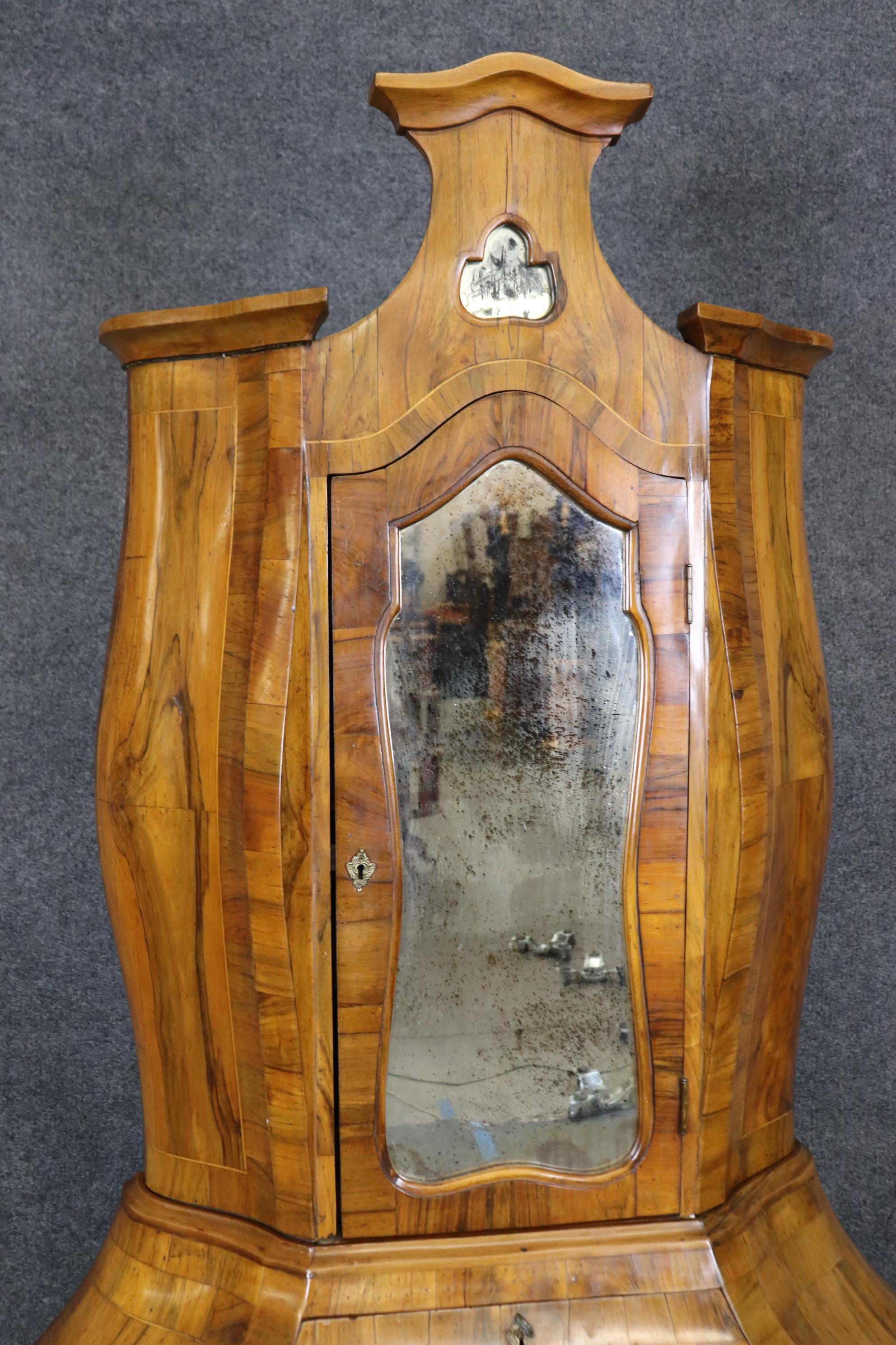 Coke Bottle Form Italian Rococo Olivewood Secretary Desk with Patinated Mirror In Good Condition In Swedesboro, NJ