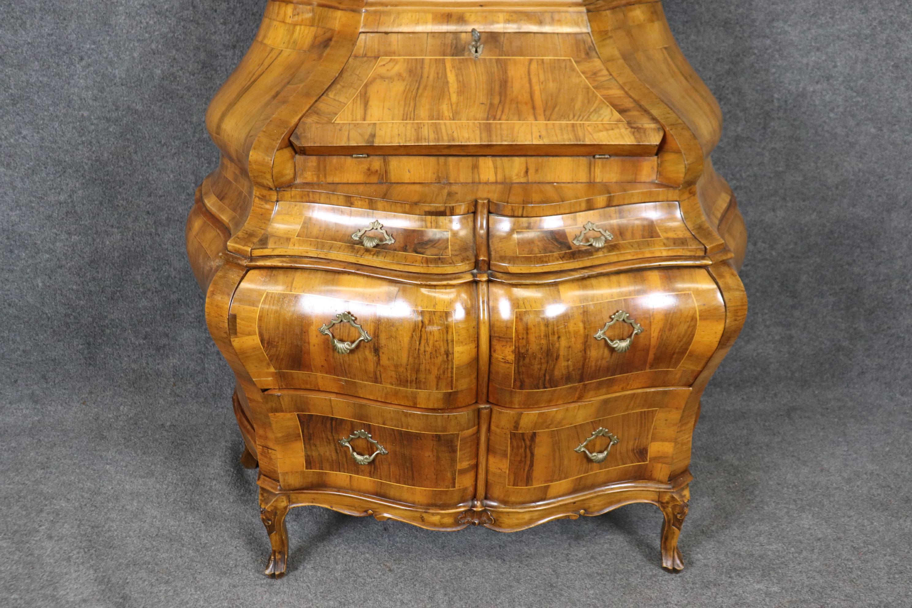 Early 20th Century Coke Bottle Form Italian Rococo Olivewood Secretary Desk with Patinated Mirror