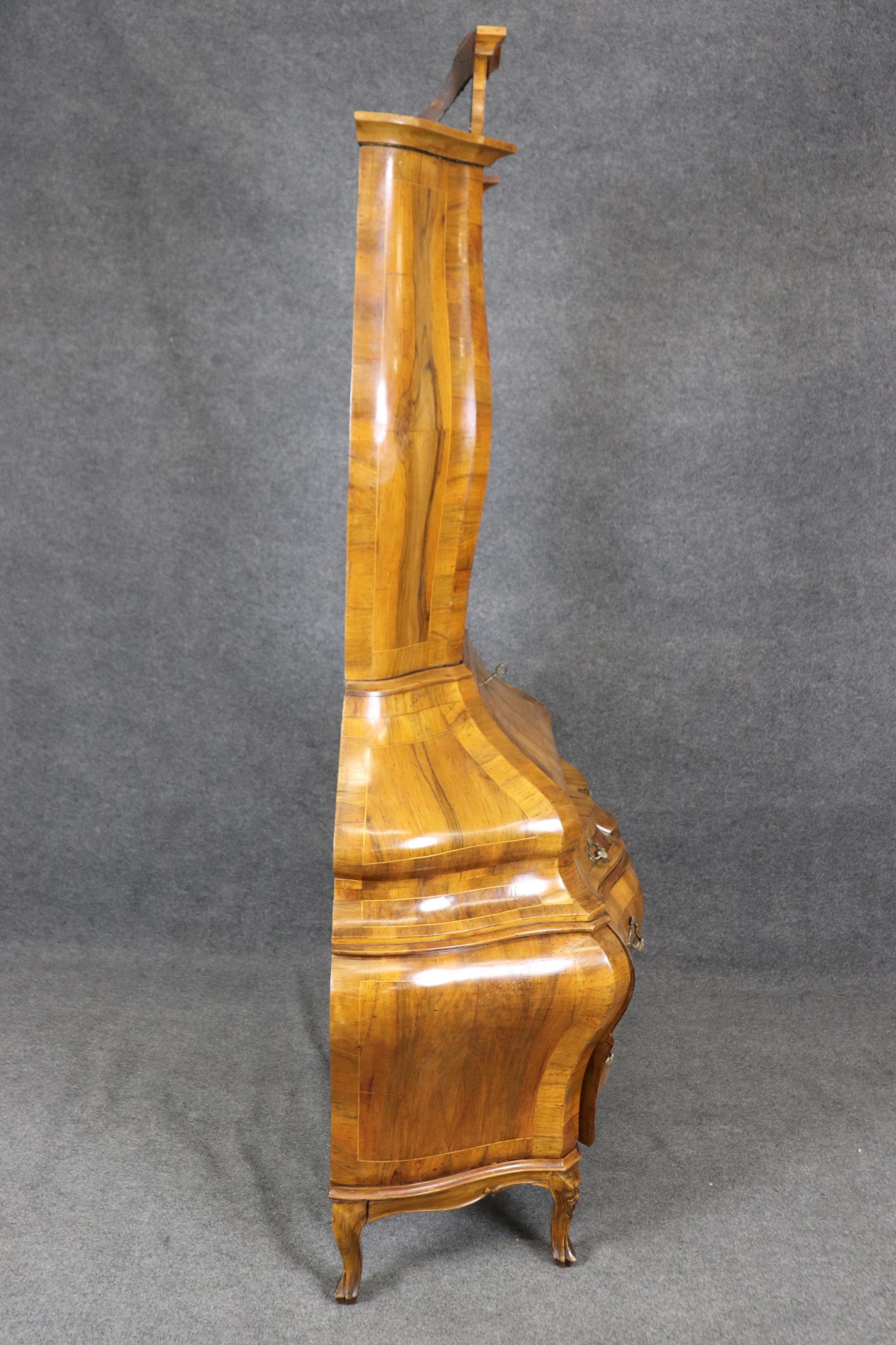 Coke Bottle Form Italian Rococo Olivewood Secretary Desk with Patinated Mirror 1