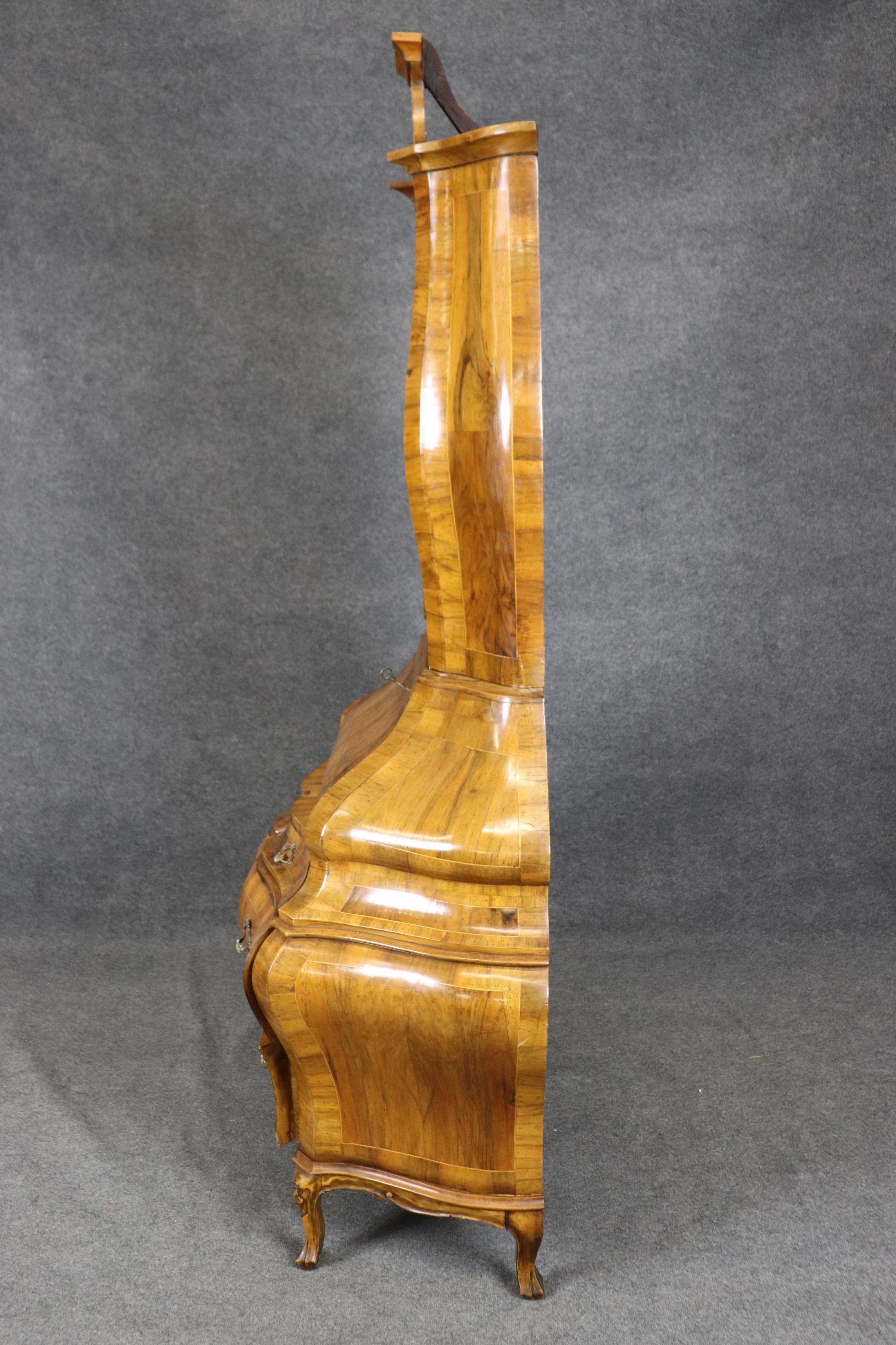 Coke Bottle Form Italian Rococo Olivewood Secretary Desk with Patinated Mirror 2