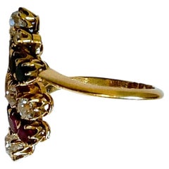 Vintage Coktail Shuttle Ring Yellow Gold 18K Old Mine Cut Diamond Ruby Sapphire