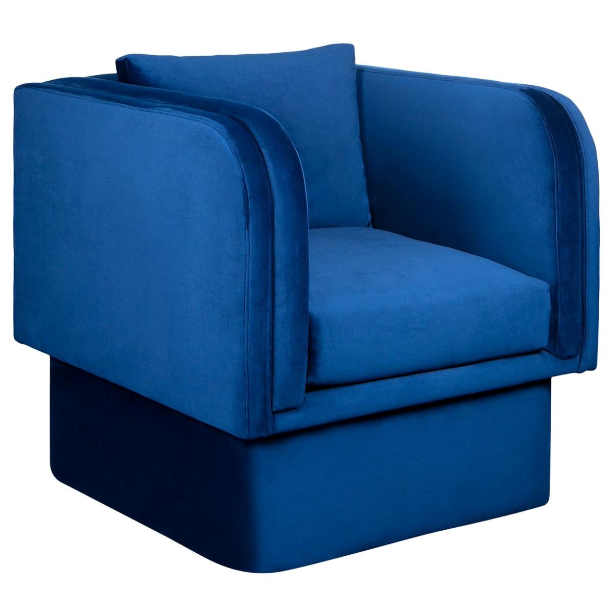 Cobalt Blue Velvet Occasional Chair with Down-Filled Cushion & Soft Back Pillow For Sale