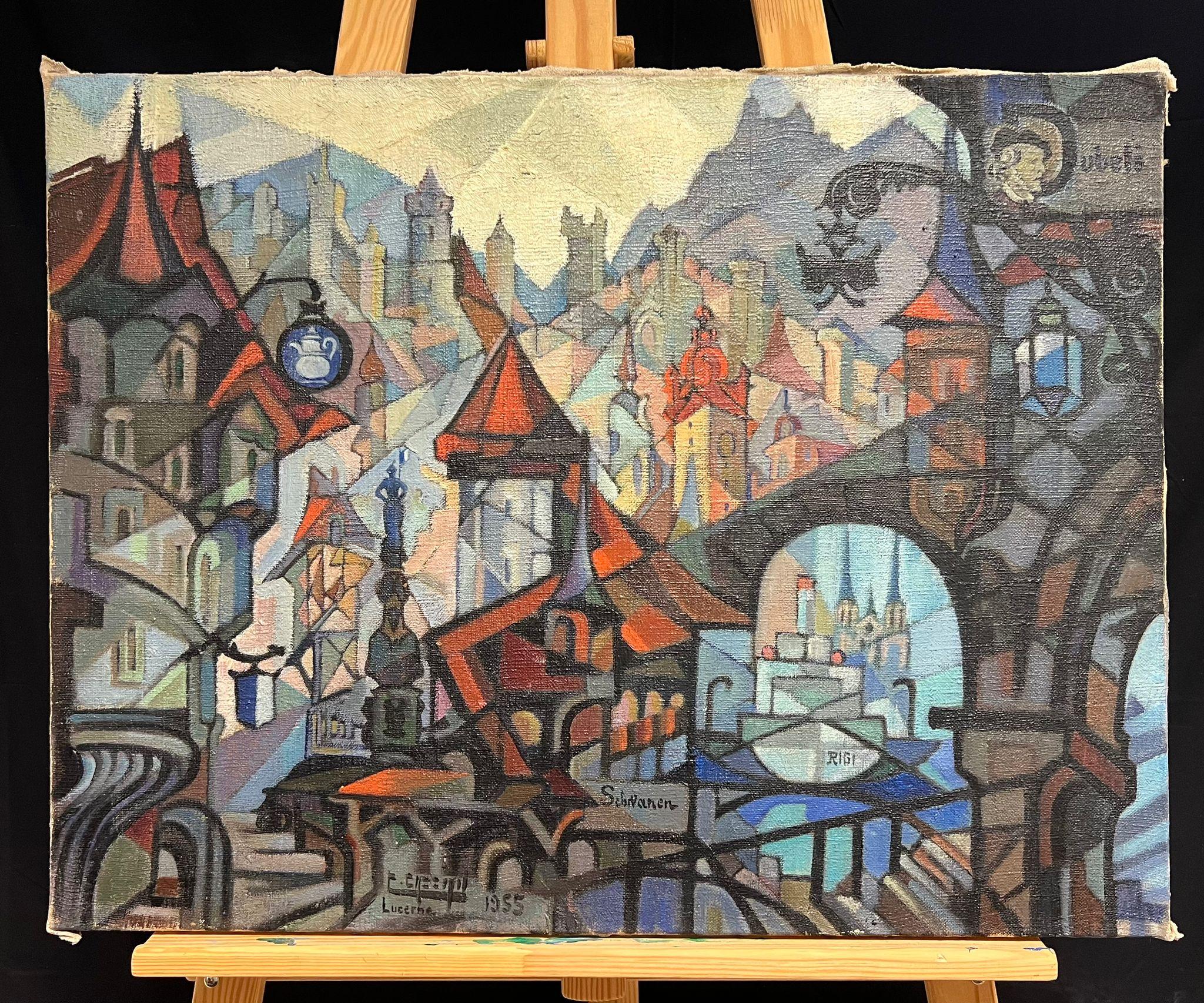 Kubistische abstrakte Stadtlandschaft von Lucerne, Schweiz, Ölgemälde, Mitte des 20. Jahrhunderts – Painting von Colbert Cassan (1899-1979)