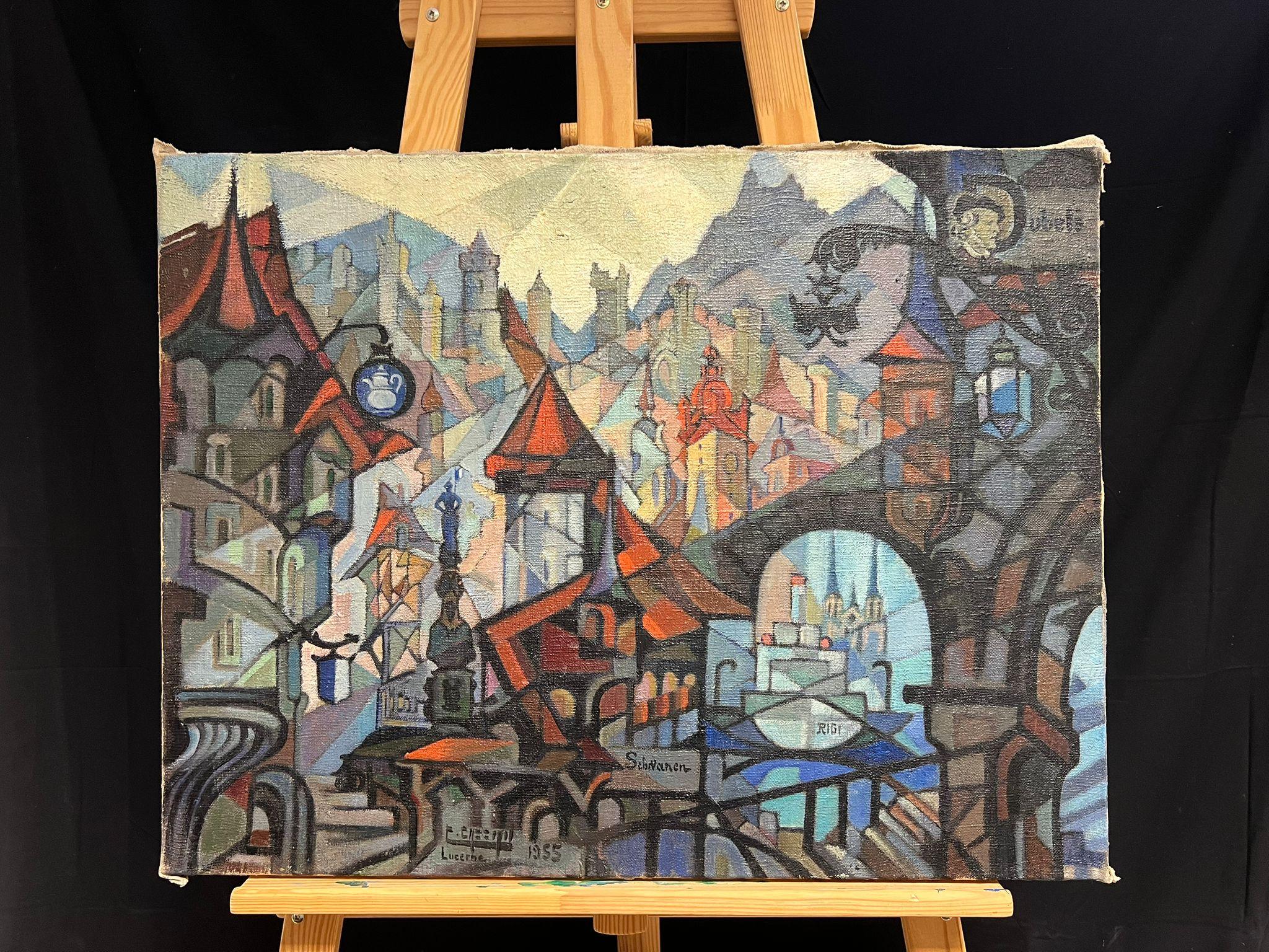Kubistische abstrakte Stadtlandschaft von Lucerne, Schweiz, Ölgemälde, Mitte des 20. Jahrhunderts (Kubismus), Painting, von Colbert Cassan (1899-1979)