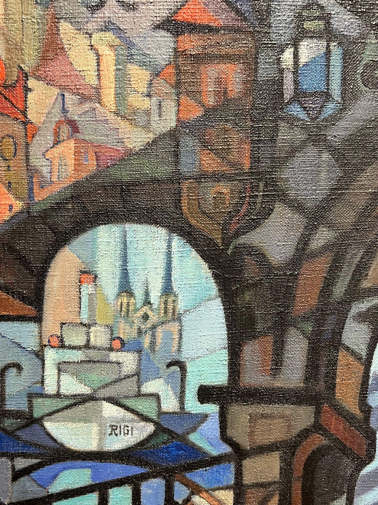 Kubistische abstrakte Stadtlandschaft von Lucerne, Schweiz, Ölgemälde, Mitte des 20. Jahrhunderts (Grau), Landscape Painting, von Colbert Cassan (1899-1979)