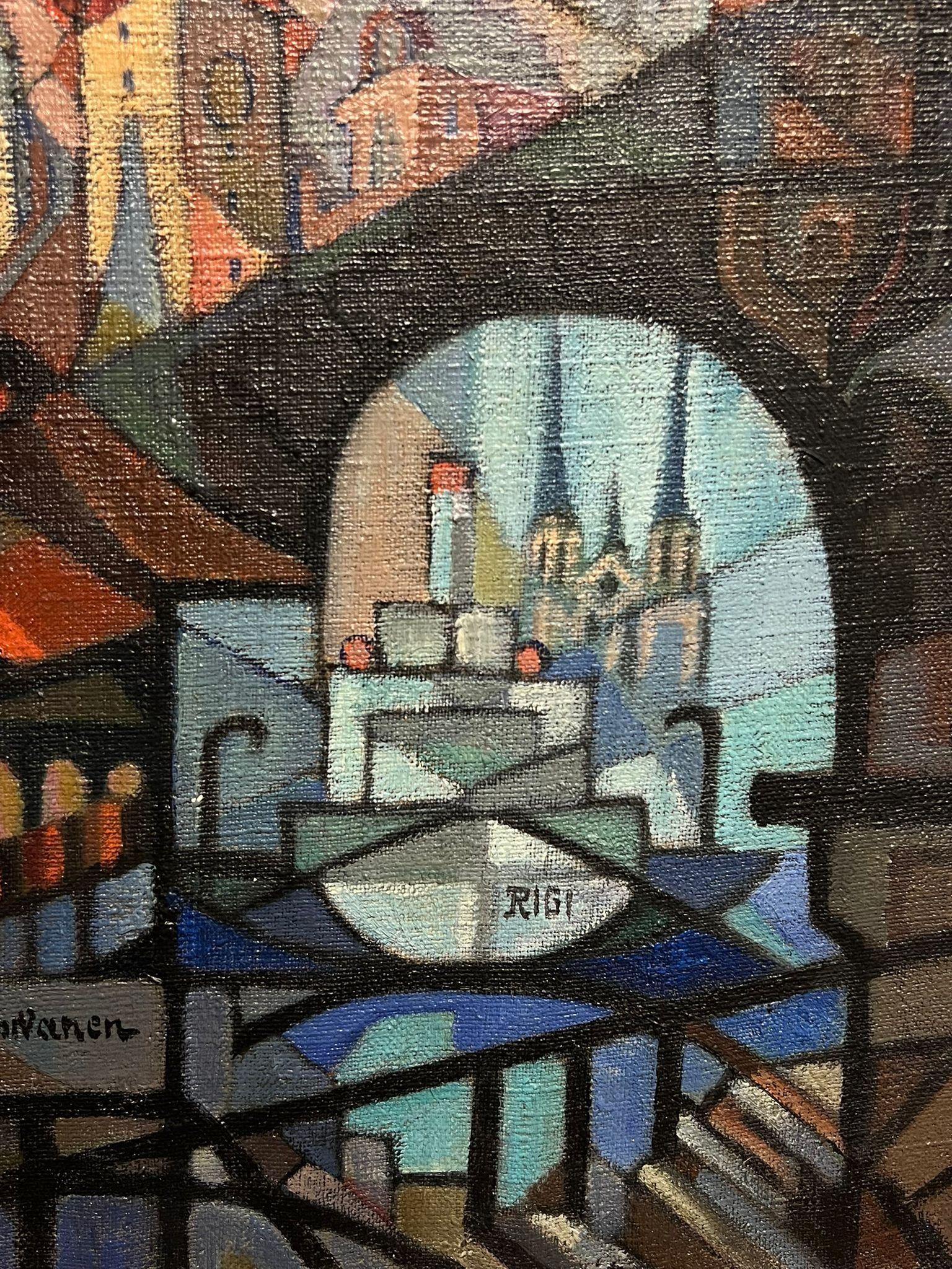 Kubistische abstrakte Stadtlandschaft von Lucerne, Schweiz, Ölgemälde, Mitte des 20. Jahrhunderts im Angebot 1