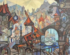 Mid-20th Century Cubist Abstract Cityscape of Lucerne Switzerland Oil Painting