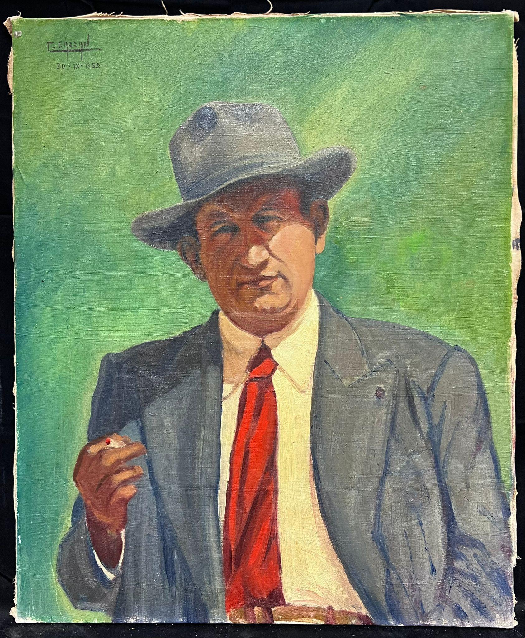 1950's Self-Portrait des Künstlers in Hut Französisch signiert Ölgemälde auf Leinwand – Painting von Colbert Cassan