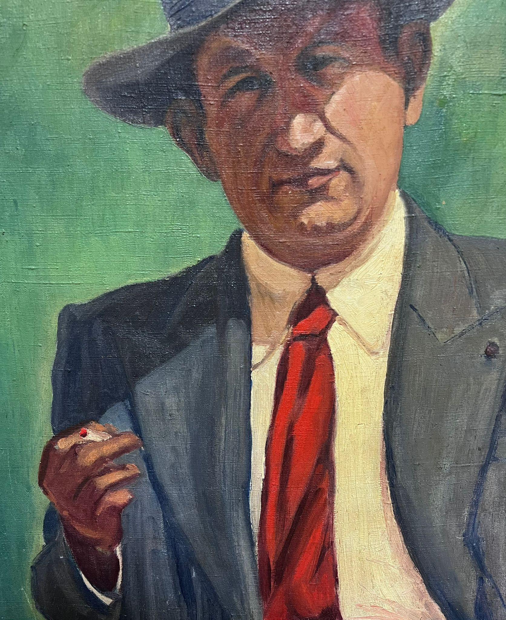 1950's Self-Portrait des Künstlers in Hut Französisch signiert Ölgemälde auf Leinwand (Grau), Portrait Painting, von Colbert Cassan